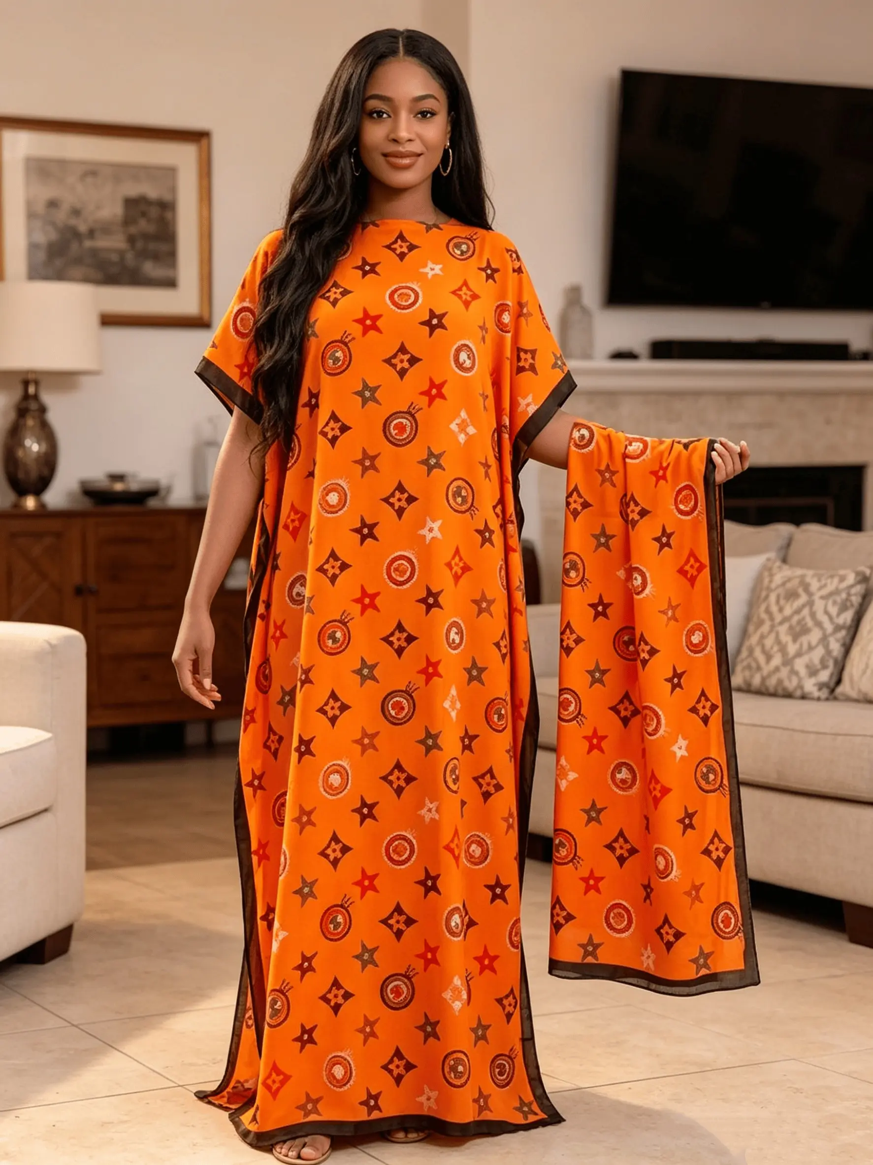 New Women's 2 Piece Orange Base Star Monogram Print Kaftan Maxi Dress with Matching Scarf, Silky Loose Satin Robe, Plus Size Friendly, Beach Cover Up, Resort Vacation, Evening Party & Casual Wear