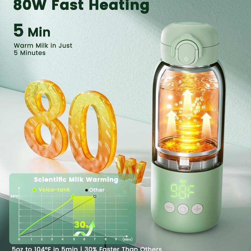 Portable Bottle Warmer for Travel 12oz- 80W Fast Heating, 316 Stainless Steel, 11400mAh Rechargeable Precise Temp Control & LED Display Safety Lock Cordless Travel Warmer for Breastmilk & Formula