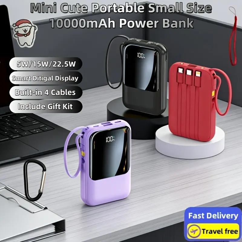 10000mAh Mini Cute Large Capacity Power Bank, 22.5W Fast Charging, Smart Digital Display with Real-time Power Level, Built-in 3 Cables, Portable Lanyard, Super Bright LED Light, Compatible with iPhone & Android, Ideal for Travel, Valentine's Day Gift