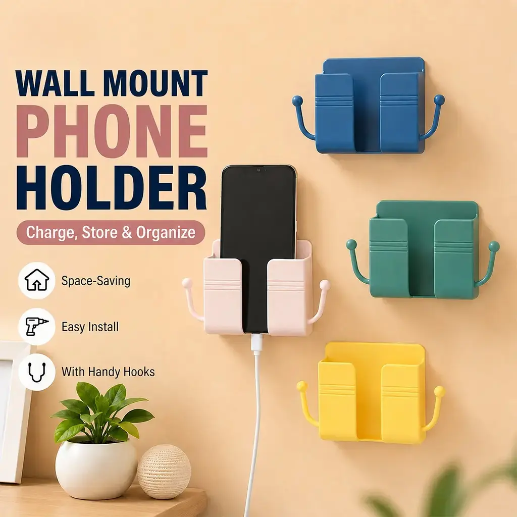 Pink Self-Adhesive Wall Mount Phone & Remote Organizer, No-Drill Multifunctional Storage Rack, Holds Phones, Remotes, Glasses & Keys for Bedroom Bathroom Kitchen