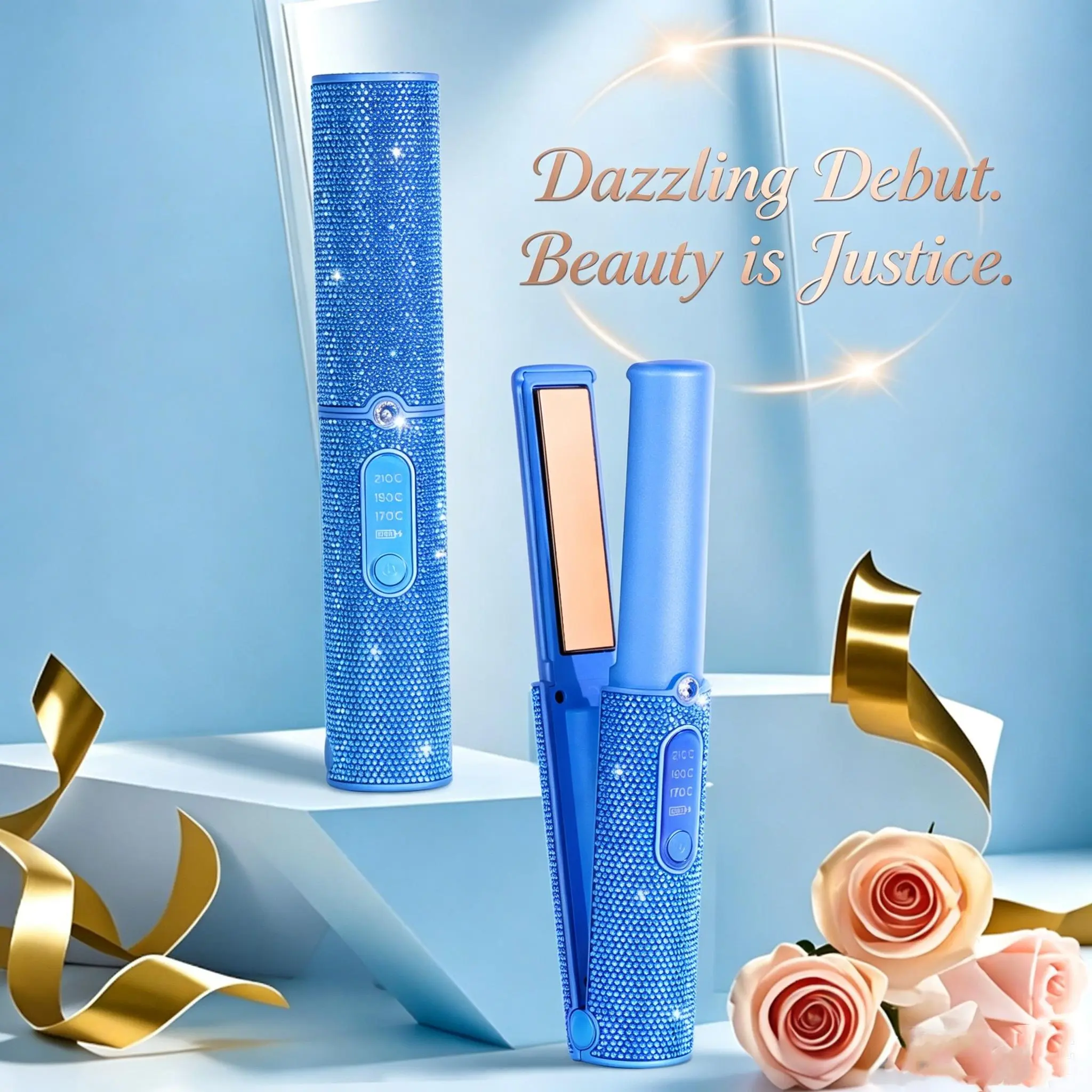 Blue Rhinestone 2 In 1 Cordless Hair Straightener Curler, Mini Portable Styling Iron 3 Heat Settings For Travel Daily Hair Styling