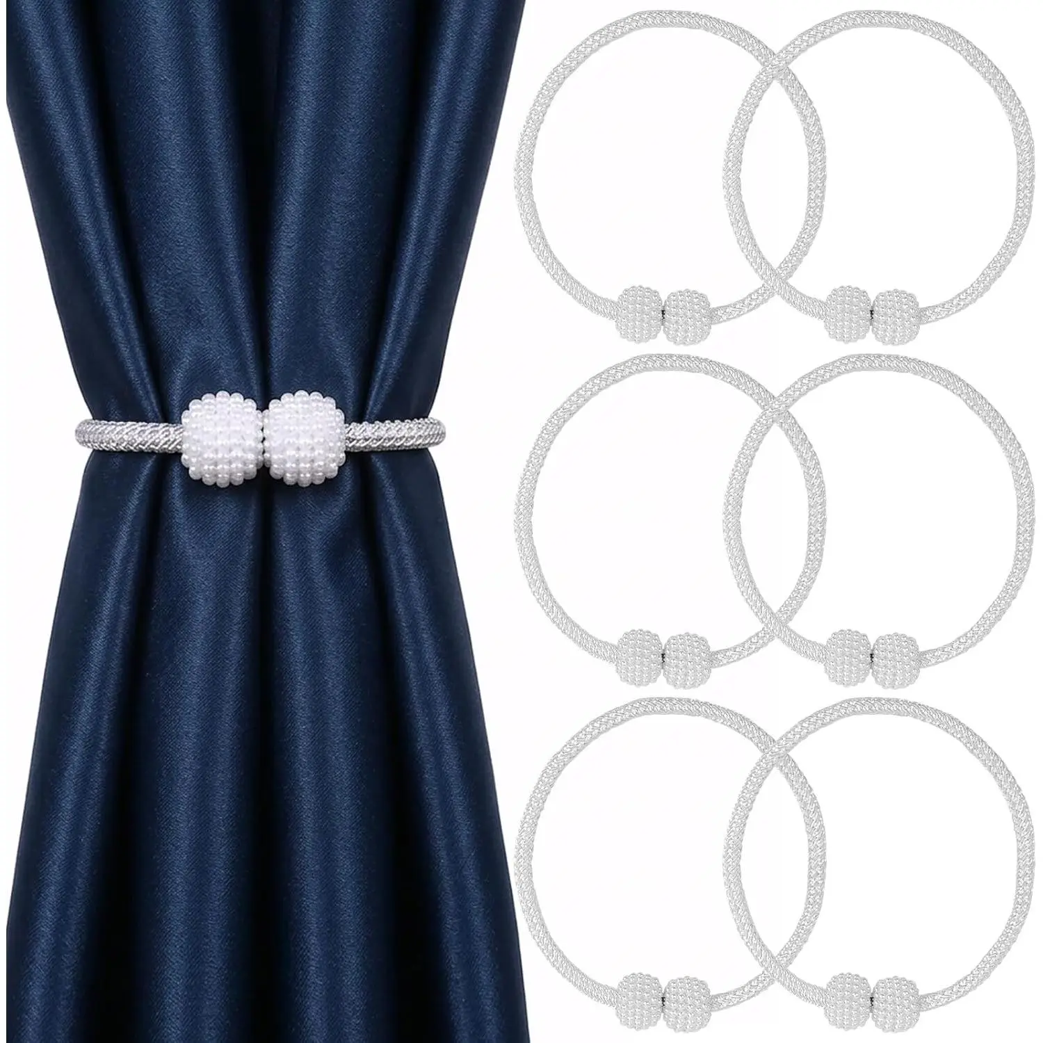 6 Pack  Curtain Tiebacks, 18.9" White  Tie , No Drill Holder & Window  Holdbacks for Drapes, Boho Room Decor for Bedroom
