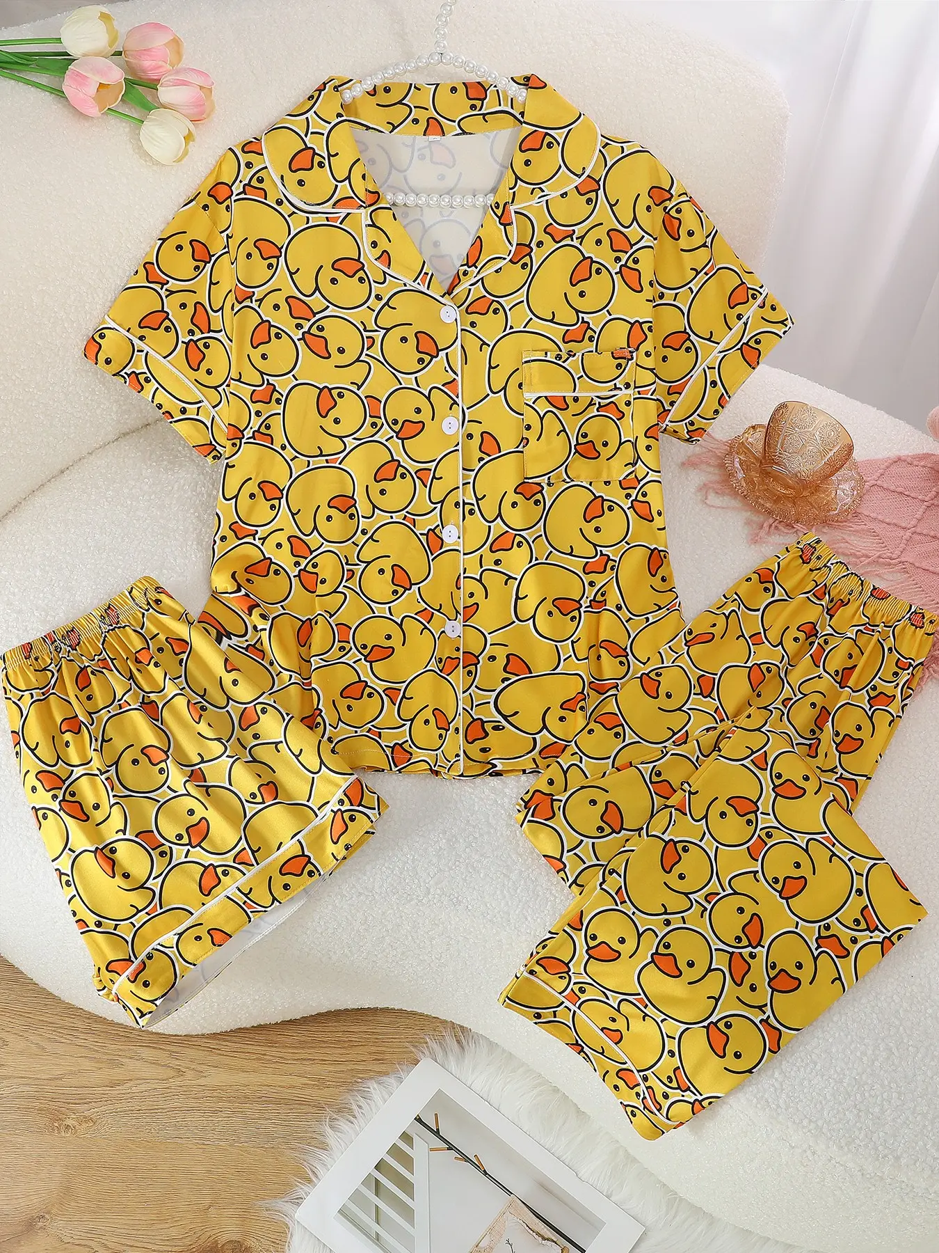 Women's Three-Piece Pajama Set, Casual Pajamas Set, Button Front Short Sleeve Top, Comfortable Loose Shorts & Pants, Cartoon Duck Print, All Seasons