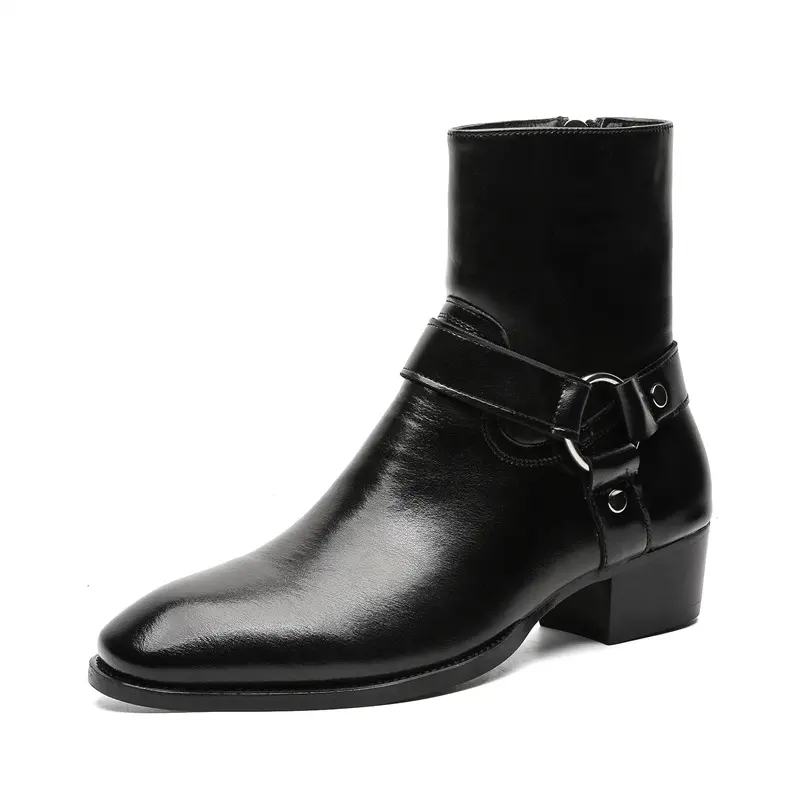 Men's Pointed Toe Chelsea Ankle Boots - Closed, Modern Boot, Synthetic, Eye-catching Buckle Ornament, European Casual Walking Shoes, All Seasons, Style 66650-J