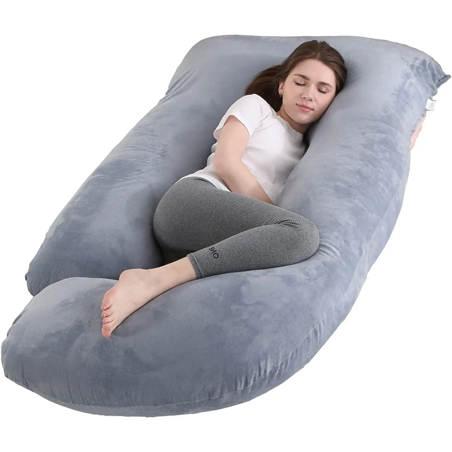 Velvet Belly Maternity Pillow for Pregnant Women - 59in J-Shaped with Removable Washable Cover, Full Body Support for Backs, Legs, Hips, Sleep Improvement, Gray, 59 Inch
