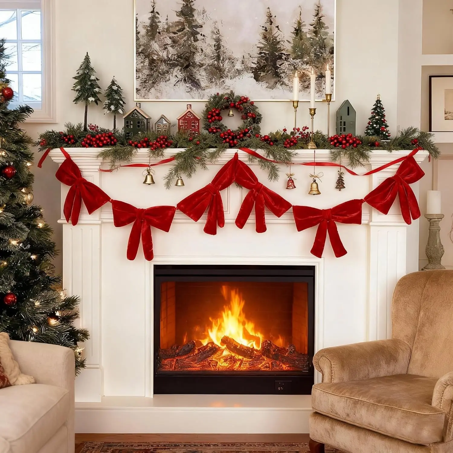 Christmas Mantel Decor, 6 Ft Red Velvet Bow Garland, Elegant Xmas Decoration for Fireplace, Door, Window, Living Room and Holiday Home Decor
