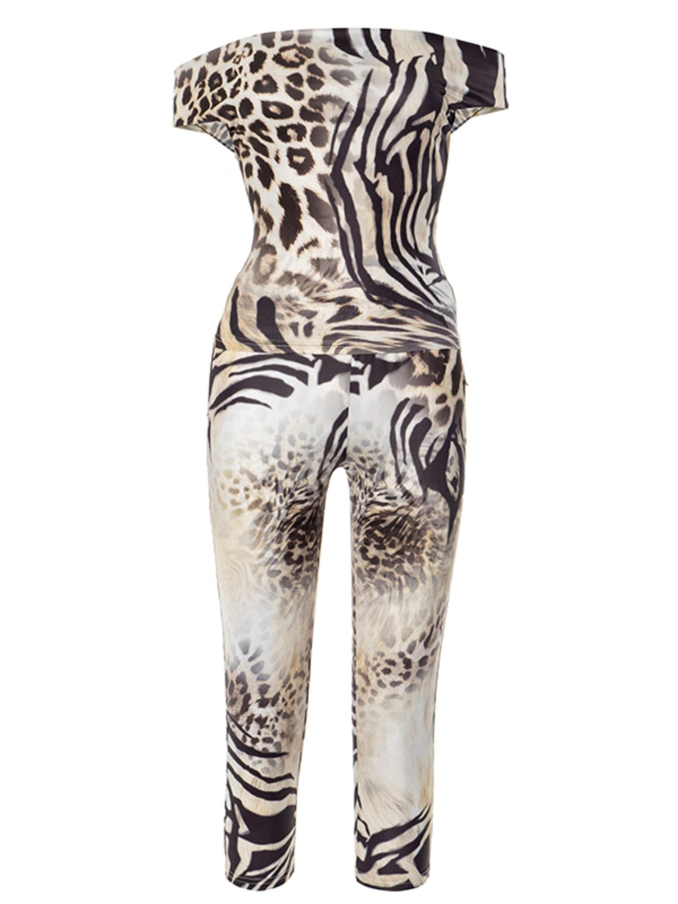 Two-piece Set Women's Leopard Print Off Shoulder Fitted Top & Capri Pants, Fashion Casual Chic Top & Capri Trousers for Daily Outdoor Wear, Ladies Clothes