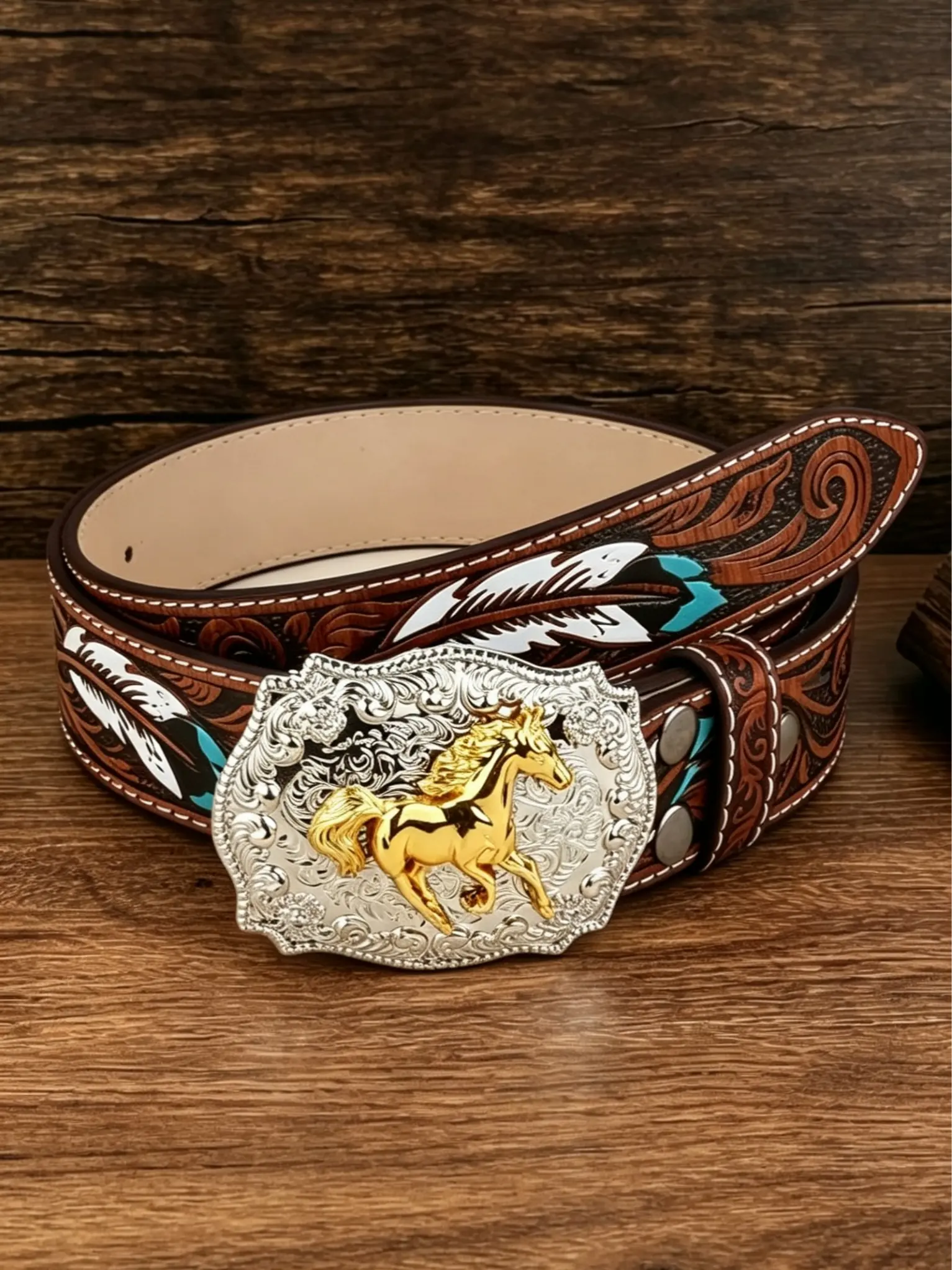 Vintage Western Horse Belt, Men's Retro Engraved Cowboy Leather Strap, Classic Design Accessory for Outdoors & Daily Wear, Western Cowboy Belts