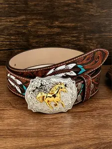 Vintage Western Horse Belt, Men's Retro Engraved Cowboy Leather Strap, Classic Design Accessory for Outdoors & Daily Wear