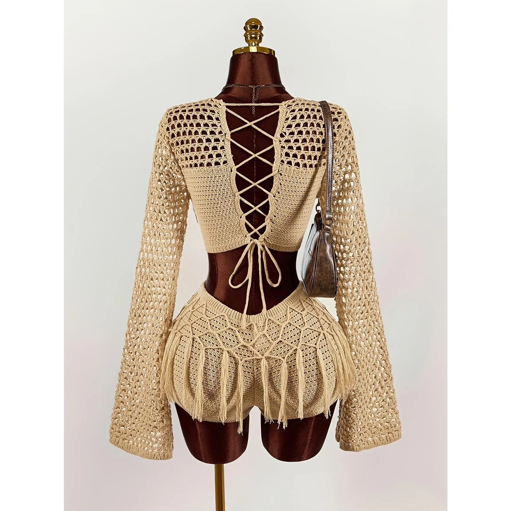 Olive Green Crochet Two Piece Set Flare Sleeve Lace Up Crop Top Fringe Mini Skirt Summer Beach Festival Outfit Boho Hollow Out Knitwear Vacation Party Clubwear Spring Bohemian Cover Up Sexy Sheer Mesh Co Ord Set