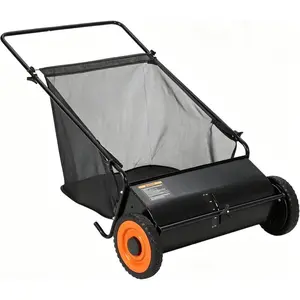 26-Inch Push Lawn Sweeper, 7 Cu. Ft. Hopper Leaf & Grass Collector, 4 Spinning Brushes, Adjustable Brush Height, Heavy Duty Steel Frame, Manual Yard Sweeper for Leaves & Grass Clippings, Bla