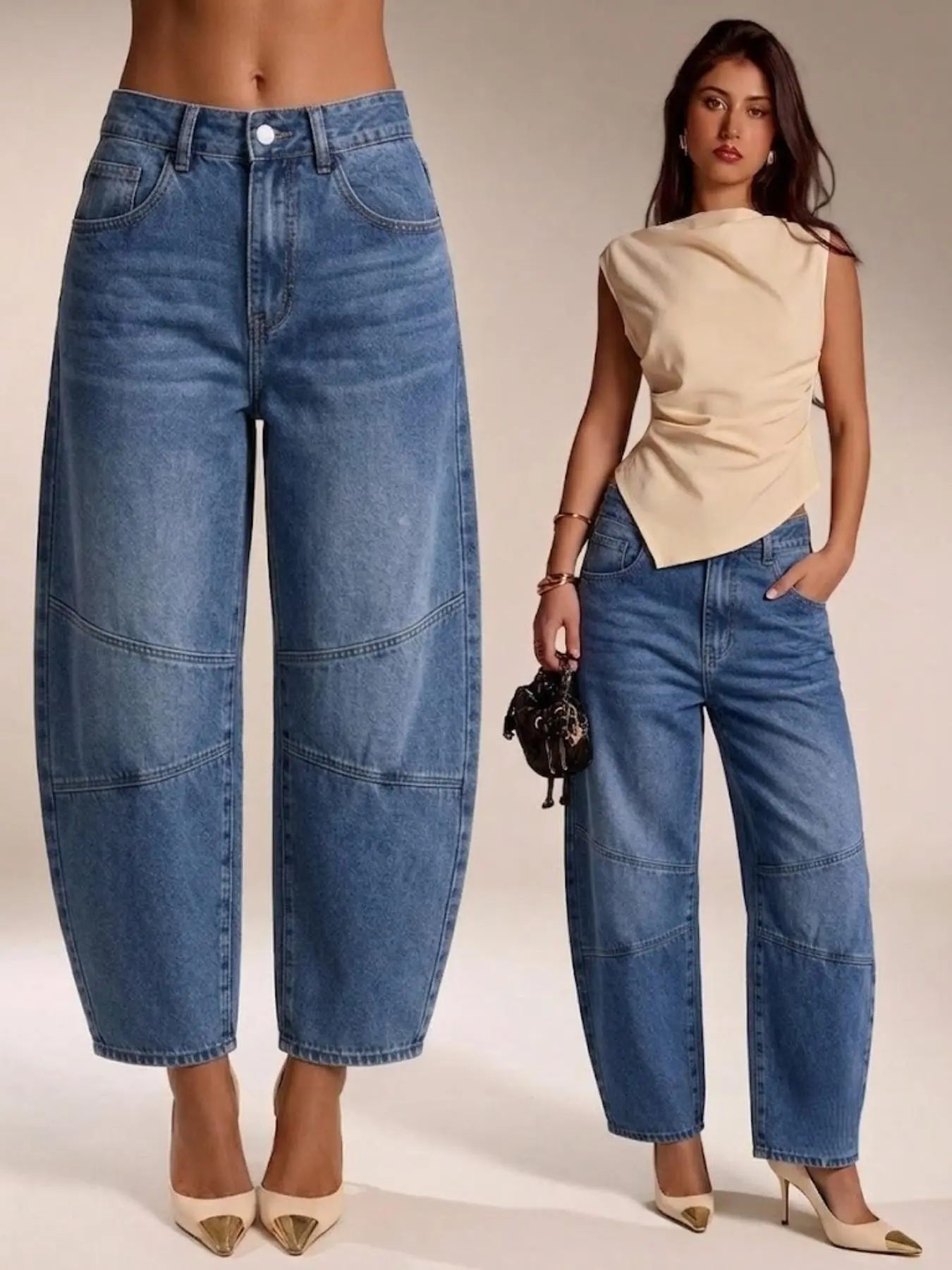 Women Mid Rise Seamed Detail Barrel Leg Jeans, Vintage Medium Wash Loose Baggy Denim Jeans, Casual Everyday Streetwear Bottoms for All Seasons