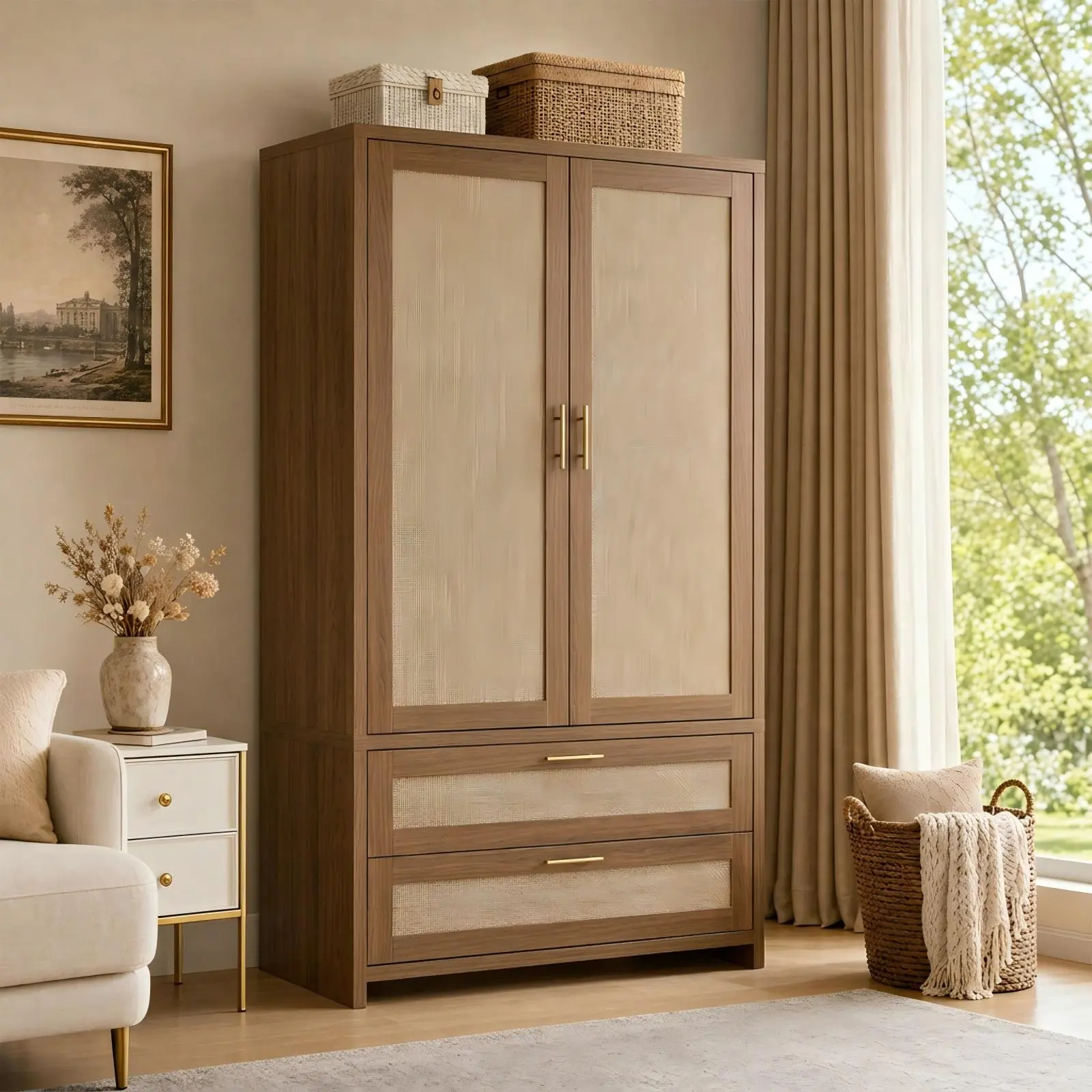 Boho Rattan Wardrobe Armoire with Drawers & Hanging Rod, 71" Tall Wooden Storage Cabinet, 2-Door Closet Organizer for Bedroom, Modern Design