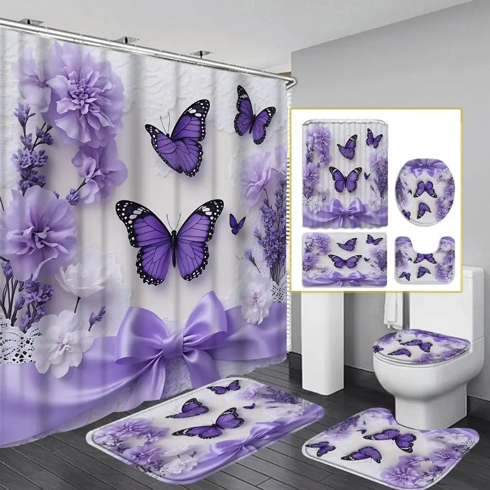 1PC/4PCS 2D Purple Butterflies and Floral Decor Multicolor shower curtain, Printed Butterfly Shower Curtain, with a design for bathroom decor, shower curtain set includes 12 hooks, non-slip bath mat, U-shaped mat, toilet seat cover