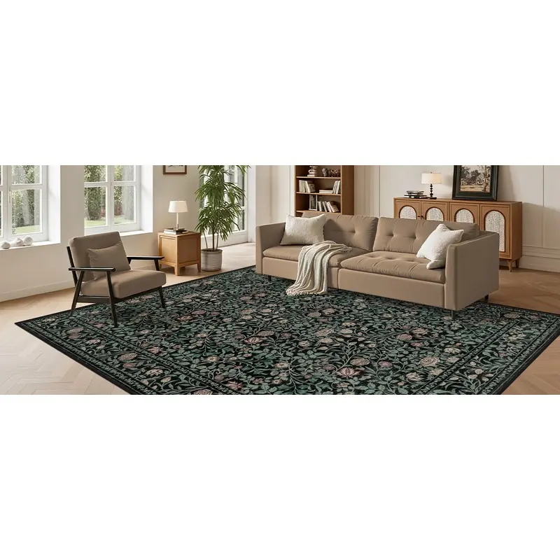 5x7 Area Rugs Living Room Rug: Floral Washable Rug Vintage Boho Soft No Slip Stain Resistant Carpet Indoor Floor Throw Carpets for Bedroom Hallway Nursery Dining Room Playroom Dark Green Black