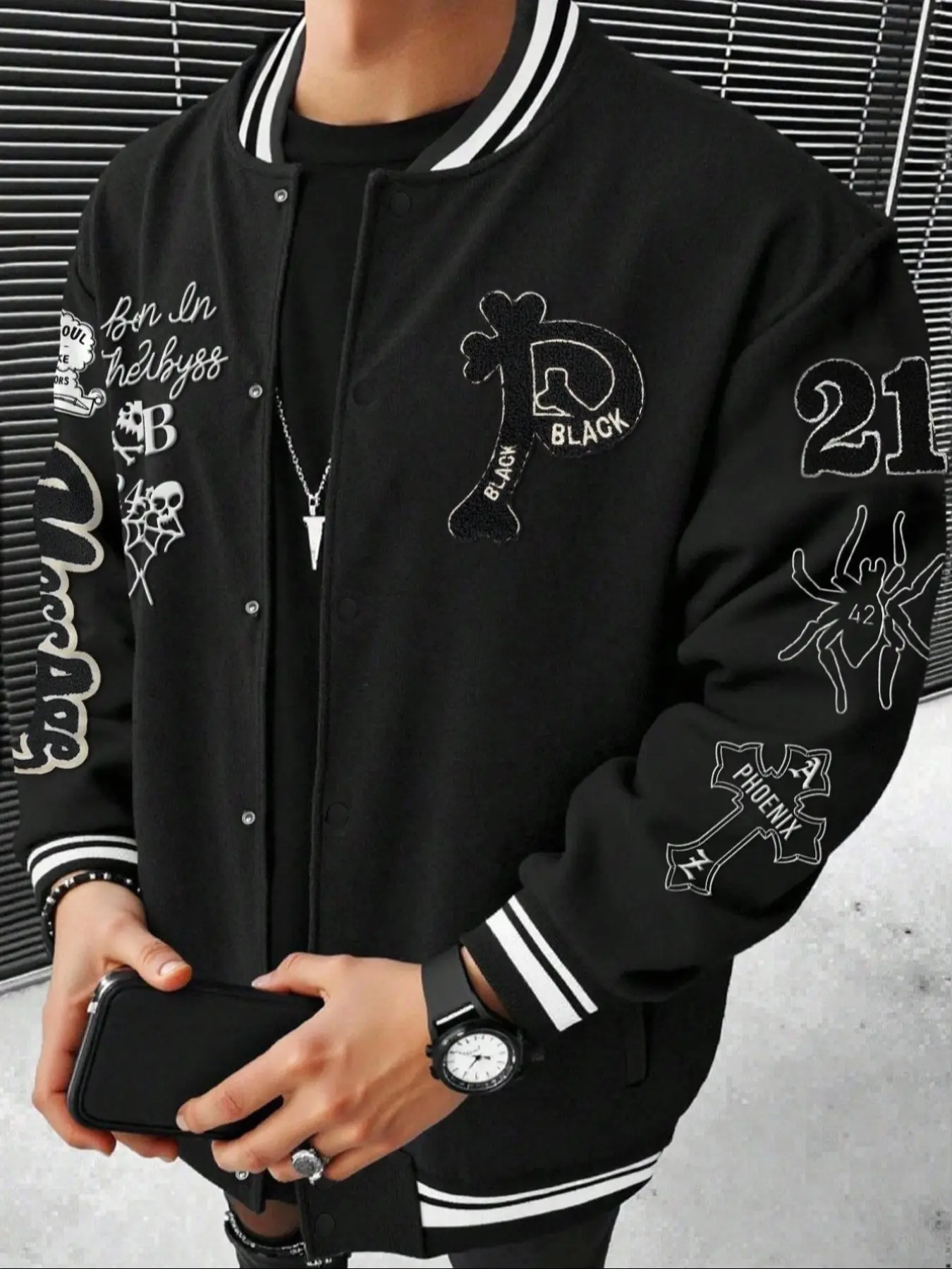 Men's Gothic Heavyweight Baseball Jacket, Fashion Jacket, Spider Print Snap Closure School Uniform Coat, Y2K Street Style Fall Winter Casual Outerwear