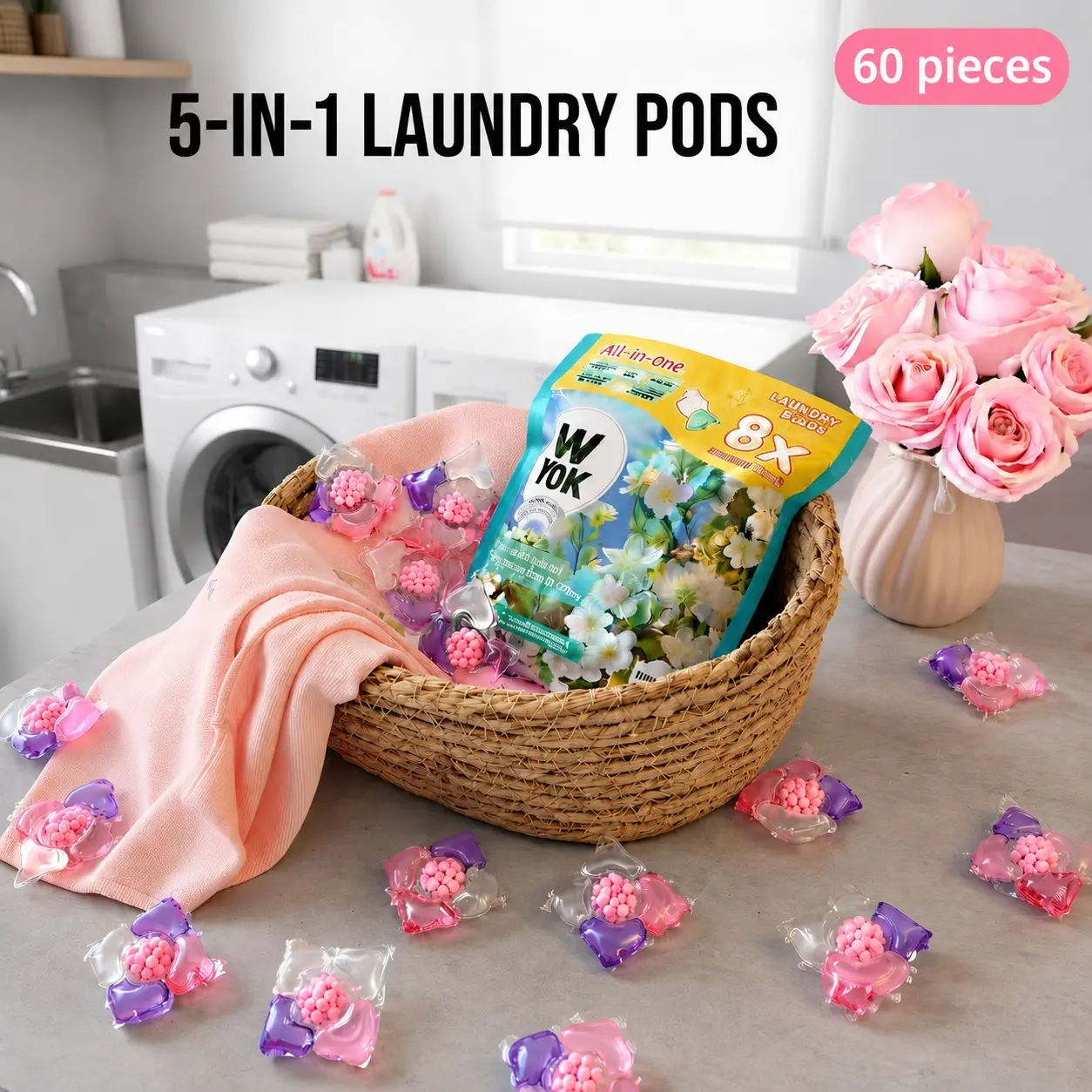 5-In-1 Laundry Pods 60pcs, Deep Cleaning Scented Detergent Capsules, Long Lasting Fragrance, Quick Dissolve, Suitable for All Washers.