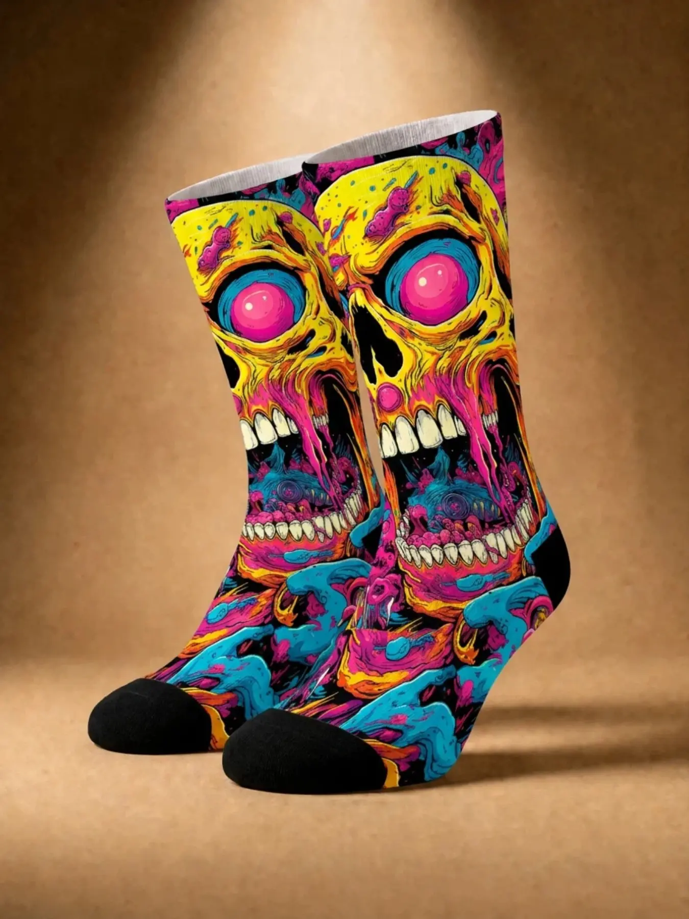 1 Pair of Halloween Zombie Skeleton Monster Graffiti-Print Mid-Calf Socks – Neon Color-Blocking Pop Art, Spooky and Edgy Color-Blocking Dark Style, Unisex 360° All-Over Print Fashion Socks