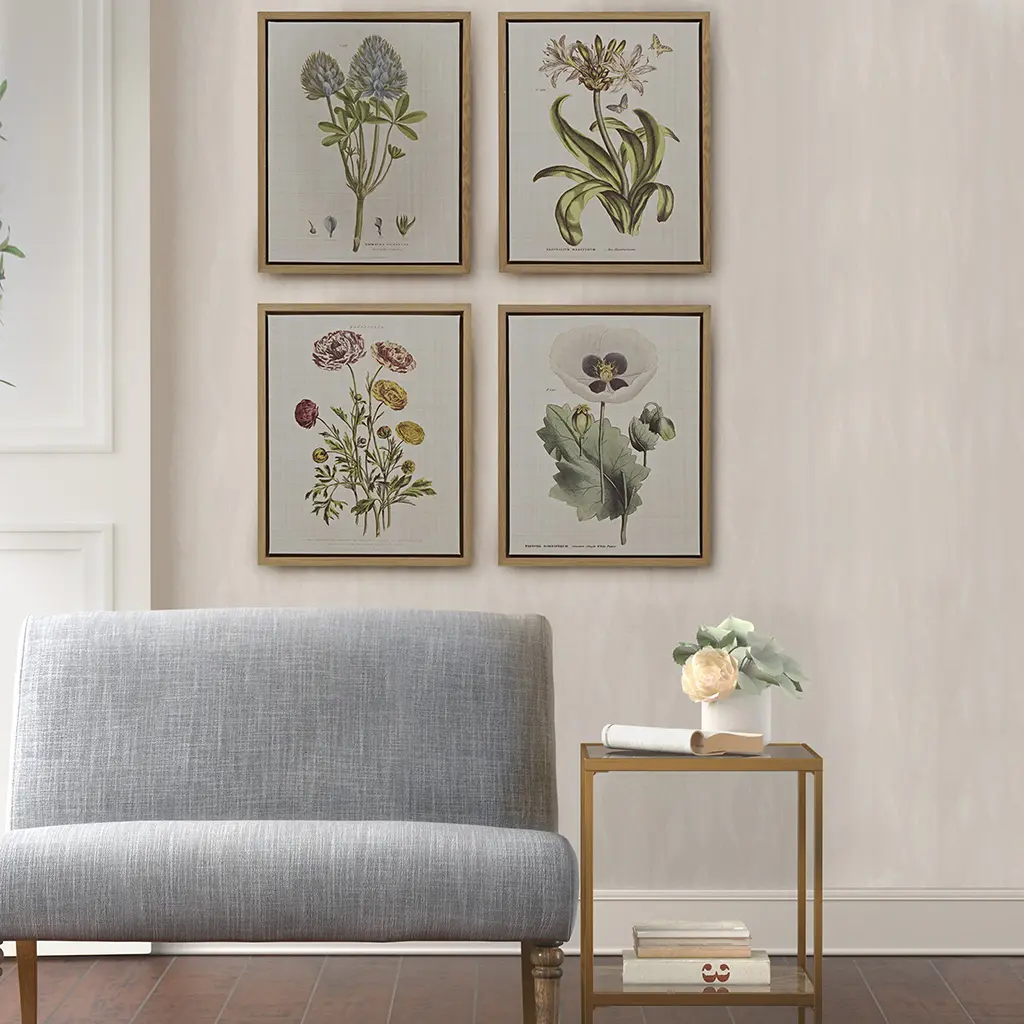 Nokaa 4-Piece Botanical Illustration Framed Canvas Wall Art Set - Vintage Flower Plant Prints for Living Room Bedroom Bathroom Home Decor, Ready to Hang, Green, MDF Frame