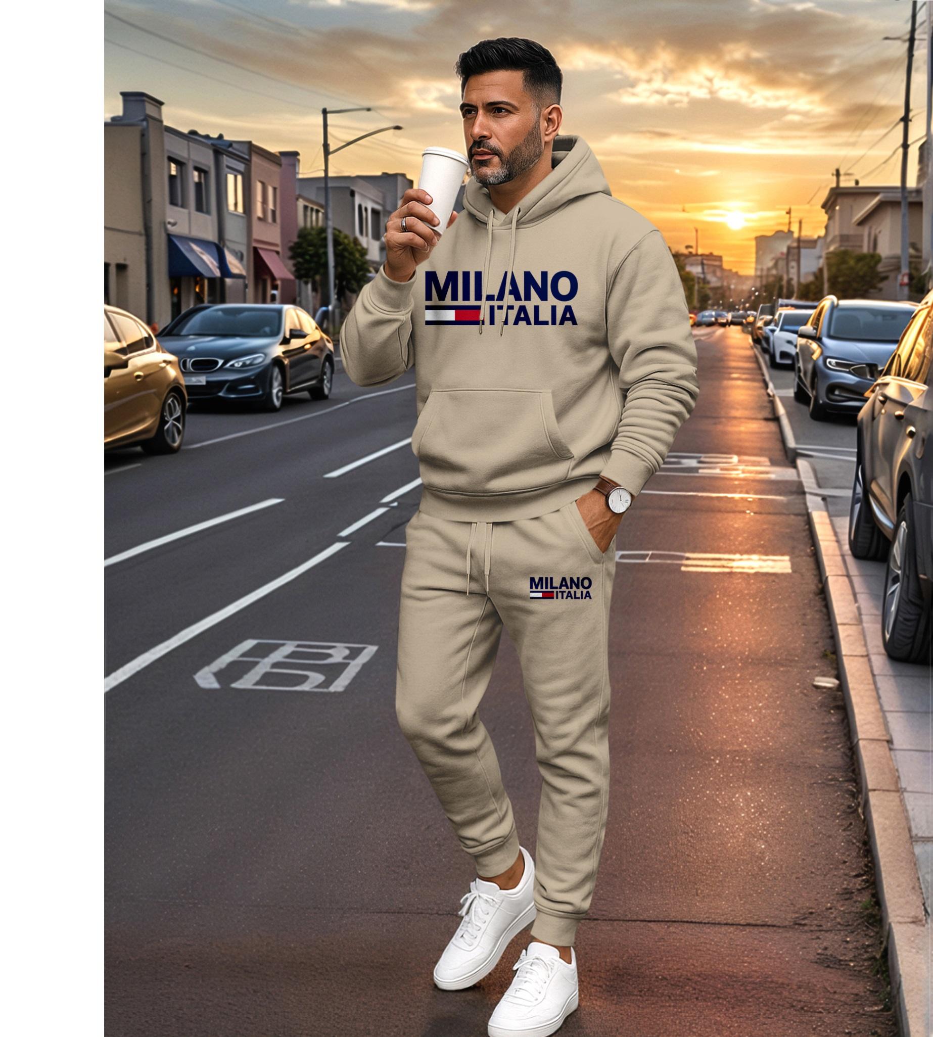 Men's MILANO Letter Pattern Print Hoodie and Drawstring Sweatpants Set, Menswear, Casual Athletic Long Sleeve Hooded Jacket & Trousers for Fall & Winter, Men's Clothing for Daily Wear, Sportswear Indoor Outdoor, Tracksuit, Athleisure