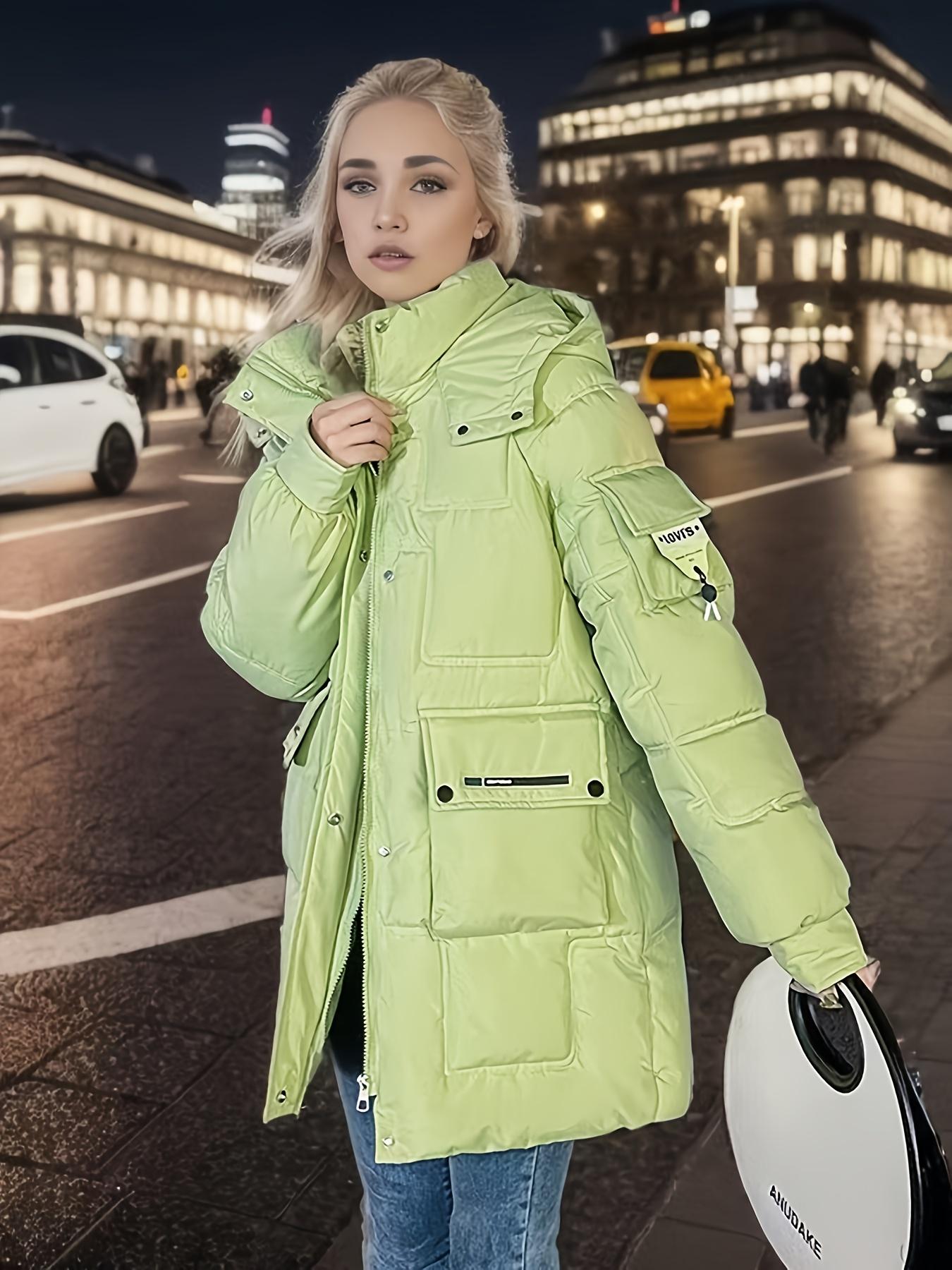 Women's Neon Green Winter Jacket - Thick Windproof Coat with Hoodie-like Collar, Mid-Length Warm Outerwear for Women, Casual Outerwear, Warm Coats For Women, Warm Coats For Women Long, Very Warm Winter Coat For Women, Warm Coat For Women, Warm Winter Coat