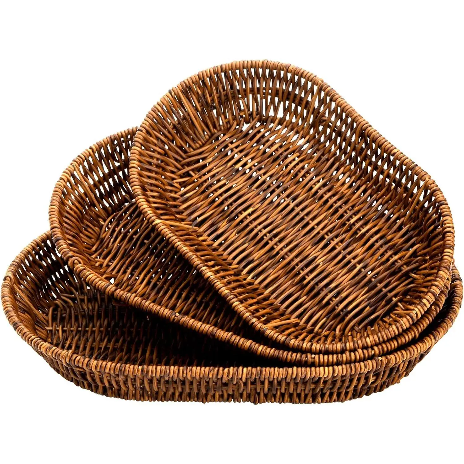 Set of 3 Handwoven Wicker Baskets, Multi-use Bread Food Serving Trays, Fruit Vegetable Sundries Storage Bins for Home, Restaurant & Bakery