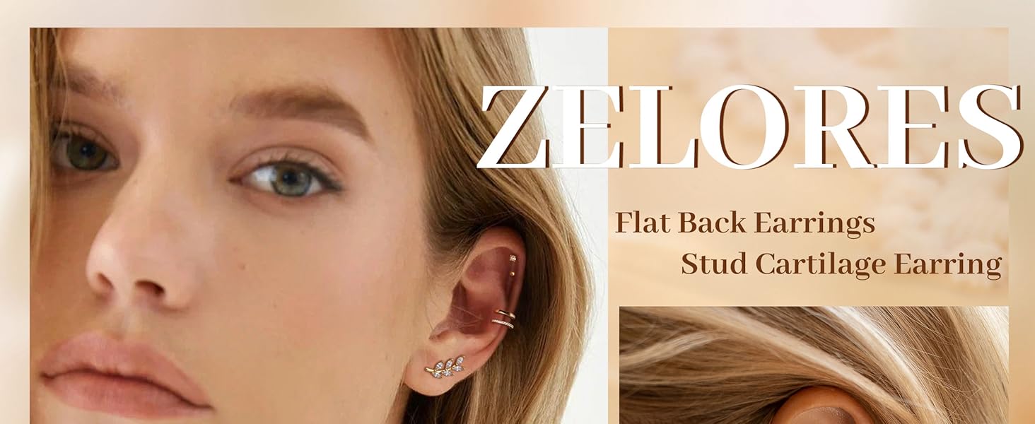 ZELORES 1 Pair Flat Back Earrings for Women Sterling Silver Post Stud Earrings Cartilage Tragus Helix Piercing Jewelry Earring for Multiple Piercing Dainty 18K Gold Plated Flatback Stud Earrings
