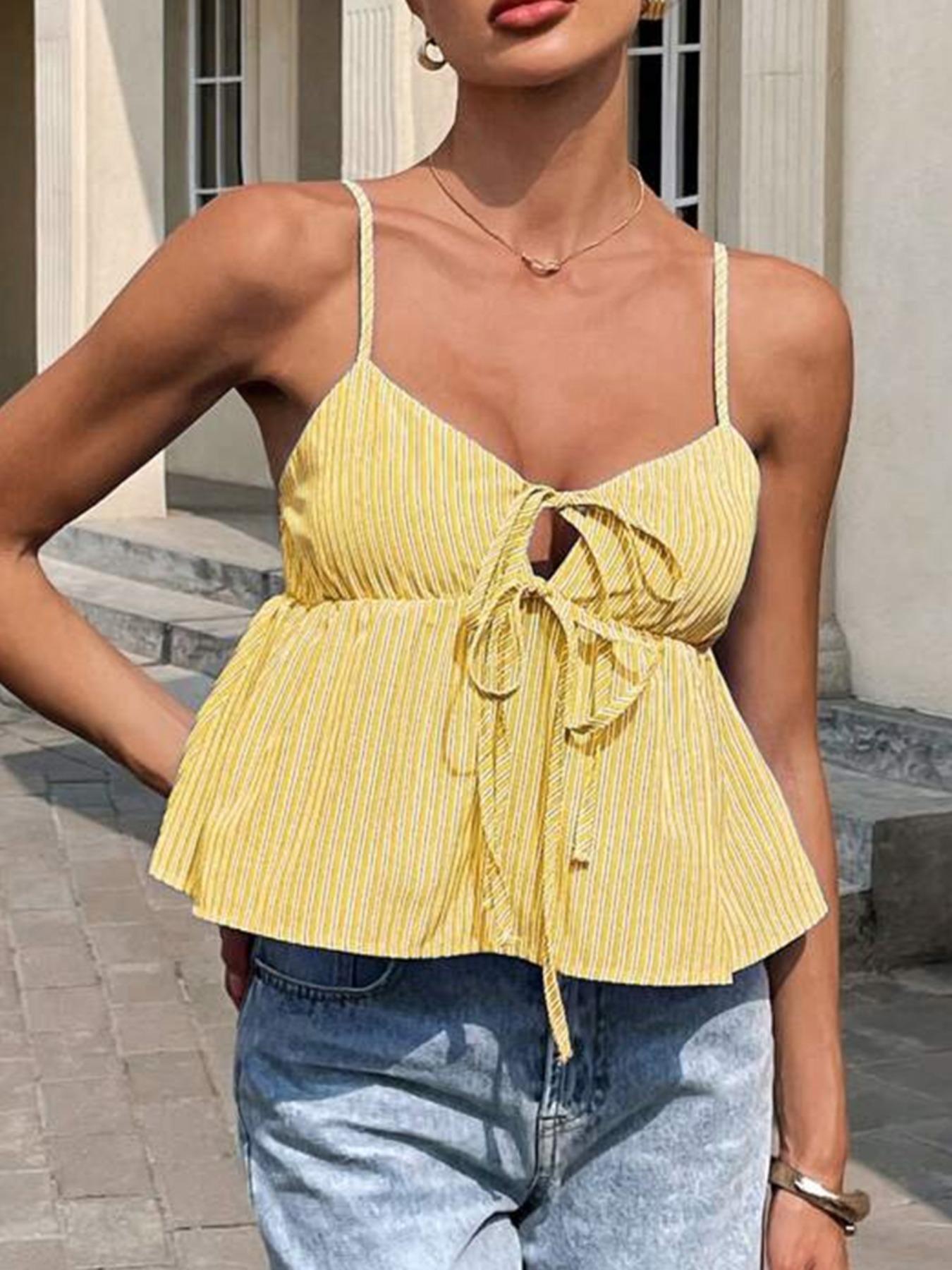 Women's Striped Print Tie Shoulder Cami Top, Casual Trendy Shirt, Casual Sweetheart Neck Sleeveless Top for Summer, Women's Clothing for Daily Wear, Shirts