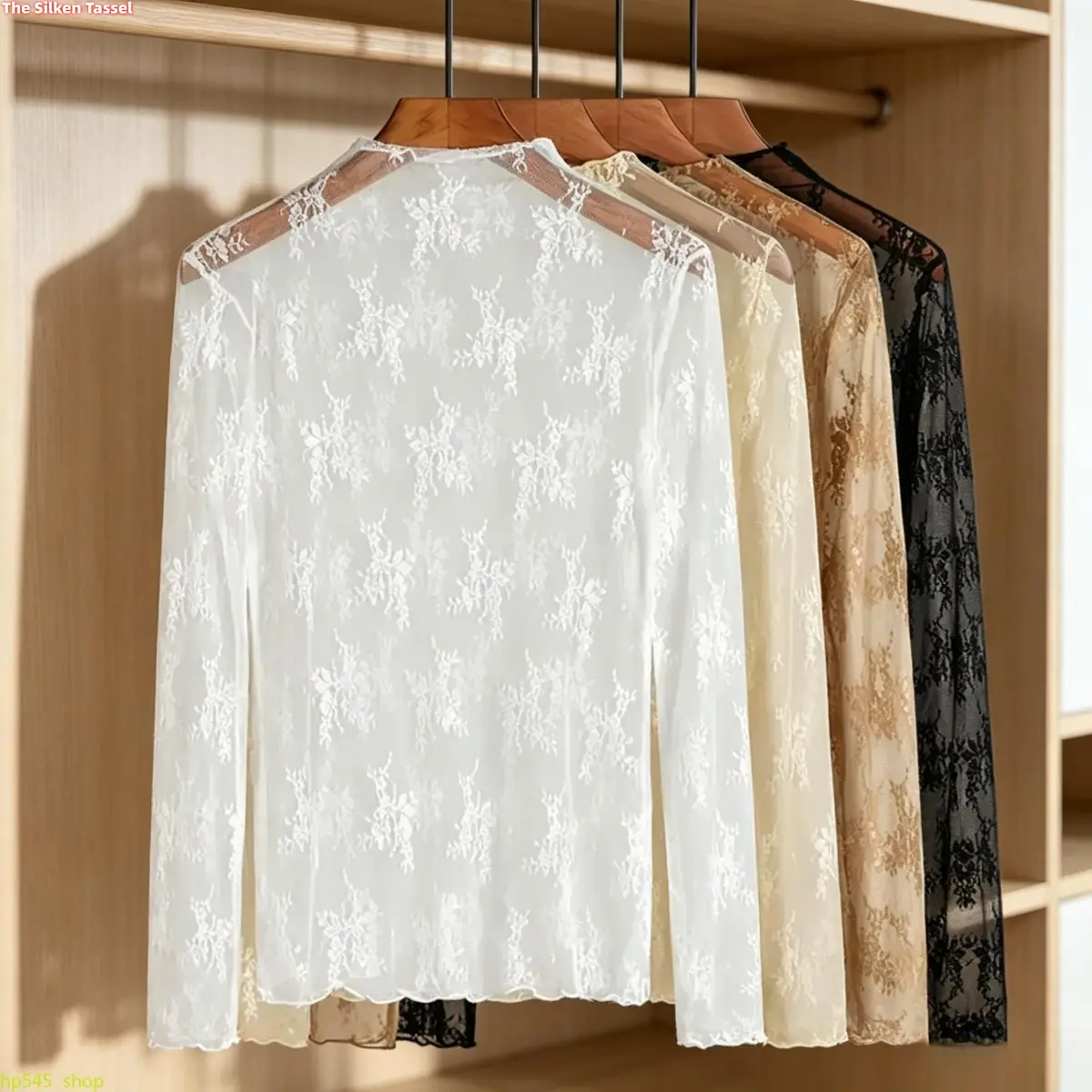 3-Pack Tops for Women (Black, White & Coffee), Sheer Floral Embroidered Lace Long Sleeve Mock Neck Blouse, See Through Mesh Layering Top, Y2K Elegant Lace Undershirt, Hollow Out Floral Lace Shirt, Casual Sheer Cover Up, Slim Fit Long Sleeve Lace Blouse so