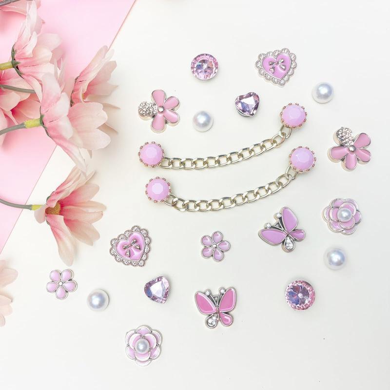 20pcs Bling Plastic Butterfly Flower Sparkling Rhinestones Diy Shoe Decoration Charms For Women's Party Favor Pink Footwear Pearl