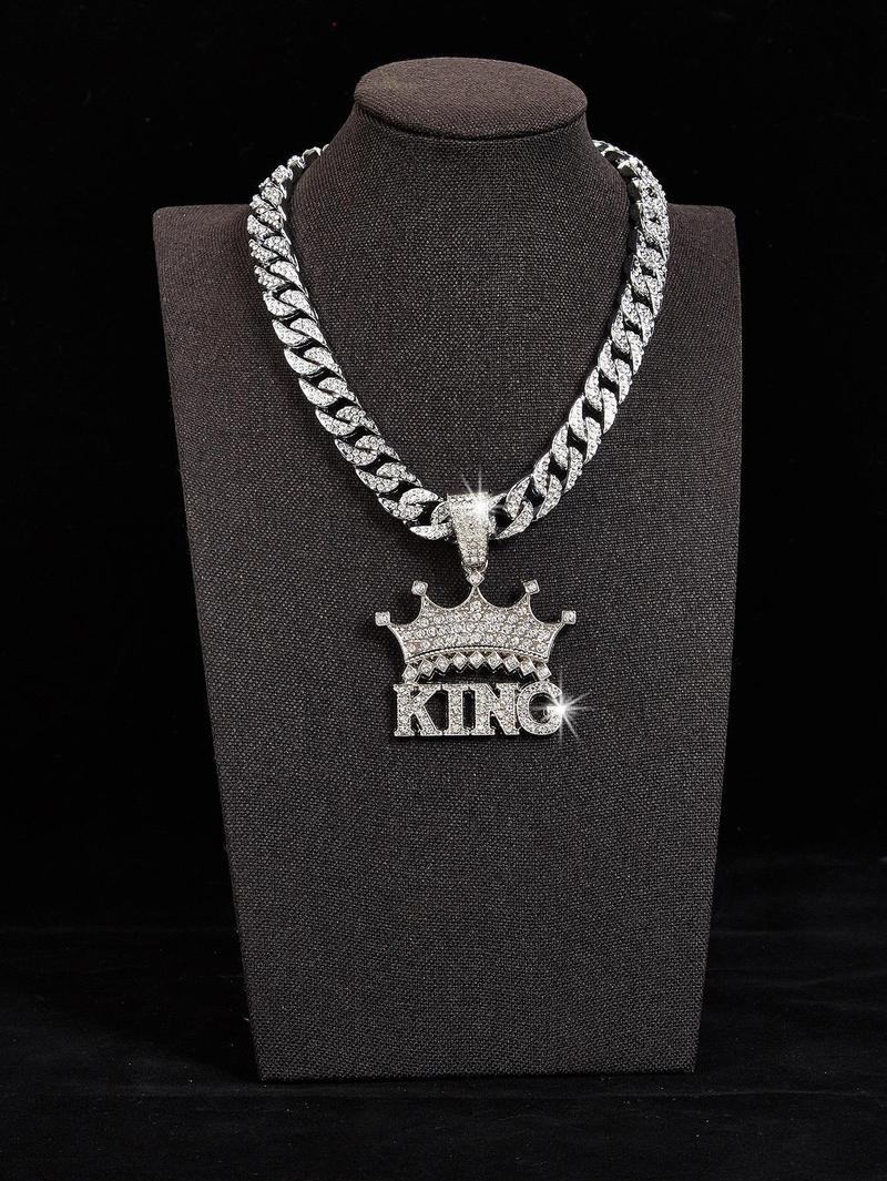 14K Gold Plated King & Crown Pendant with Austrian Rhinestones Miami Cuban Link Chain Italy & Micro Inspired Unisex Hip Hop Necklace for Men & Women Jewelry,Daily Wear, Casual Fashion, Sporty Style, Gift Idea