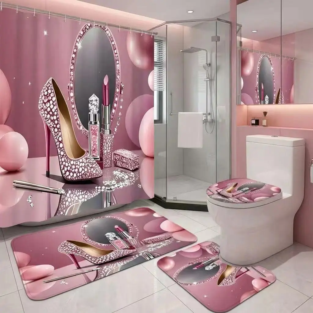 1/4Pcs Shower Curtain Set, Girly Shower Curtain, High Heel, Lipstick, Diamond Mirror, Bathroom Sets with Rugs, Christmas Valentine's Day, Bathroom Decor, Pink High Heel With Lipstick And Diamond Mirror For Bathroom Vibe