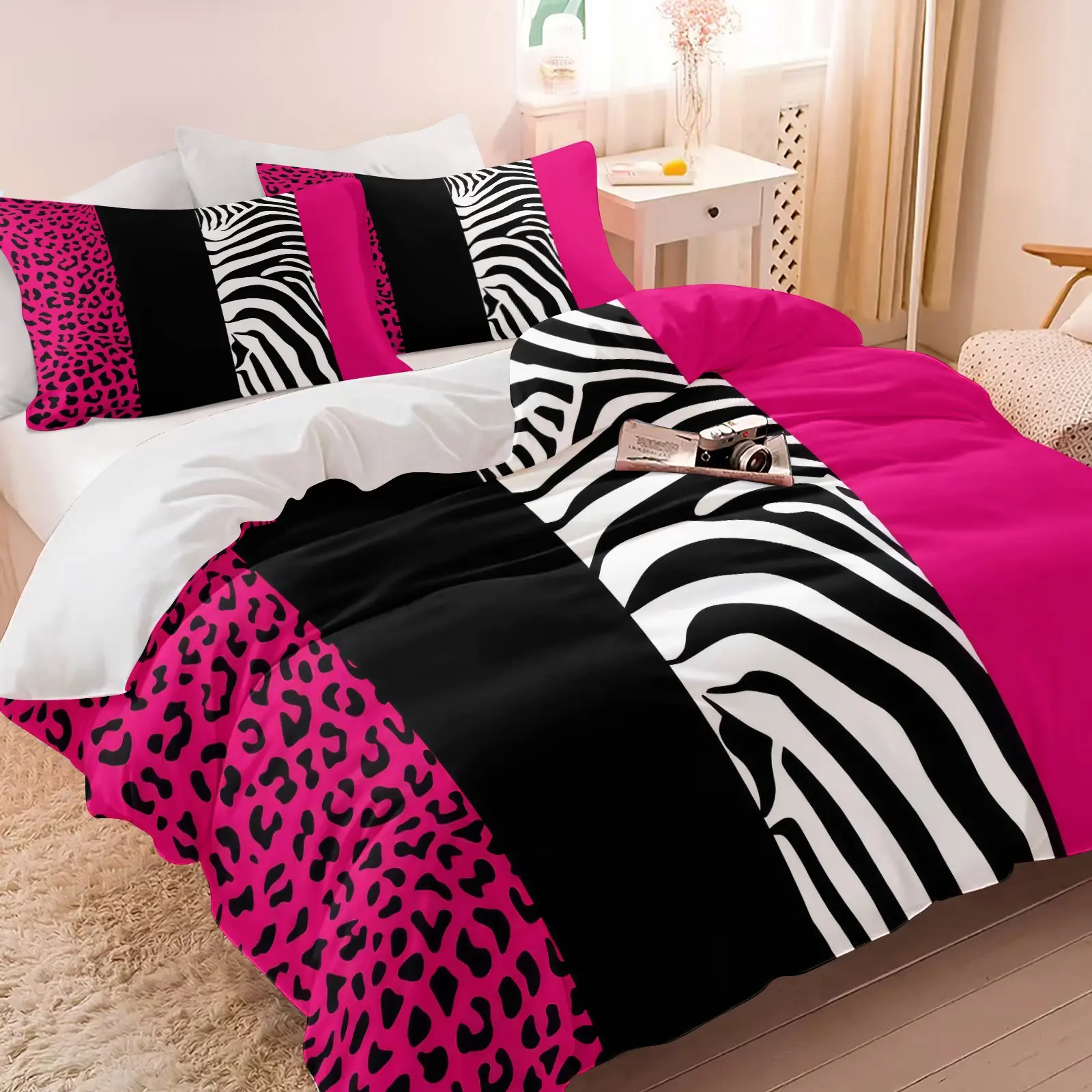 Hot Pink Leopard Zebra Print Duvet Cover Set, Soft Microfiber Bedding Set, 1 Duvet Cover & 1/2 Pillowcase No Filling, Modern Aesthetic Bedroom Decor for Teen Girls Women Home Hotel Dorm Use