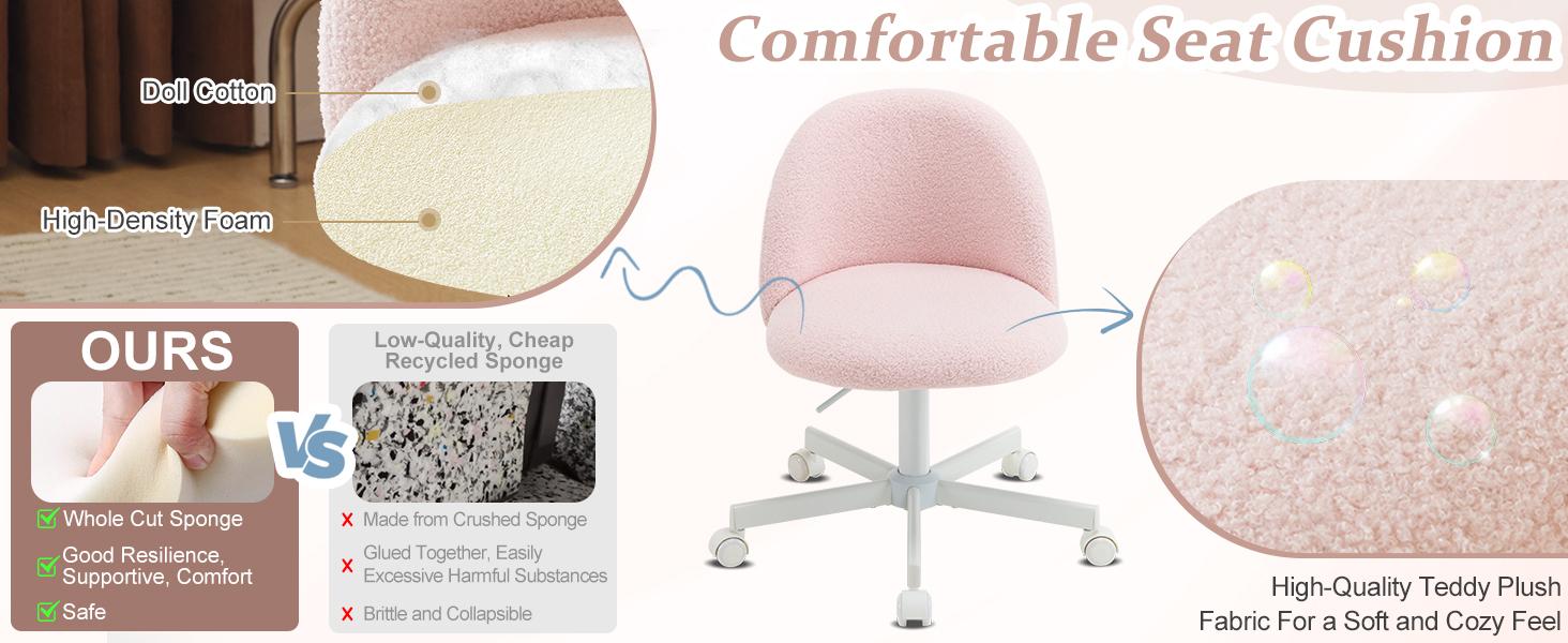 VINGLI Cute Candy Chair Armless Comfy Small Office Desk Vanity Chair with Wheels & Lumbar Support,Teddy Adjustable Rolling Swivel Computer Task Ch for Home Office,Bedroom,Gentle Pink