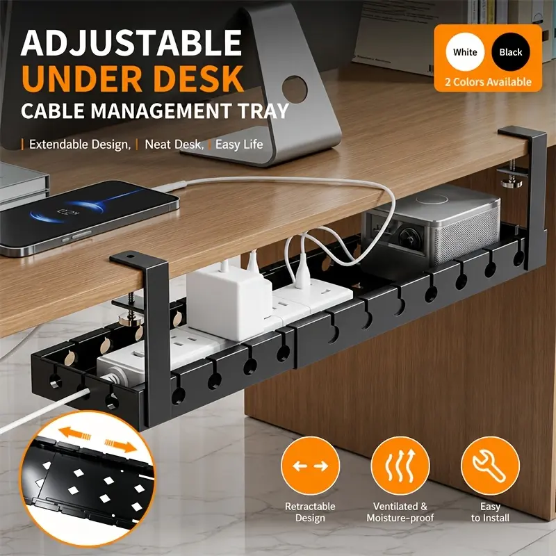 Extendable Under Desk Cable Organizer, No-Drill Steel Wire Basket, Hidden Cord Management WFH, Office Accessories, Gift for Coworkers