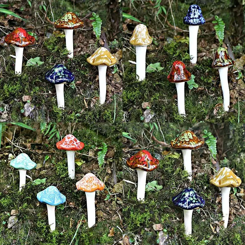 16-Piece Mini Ceramic Mushroom Garden Decor, Handmade Weatherproof Art, Natural Theme, Wedding Fairytale Decor, Outdoor Yard Enhancement
