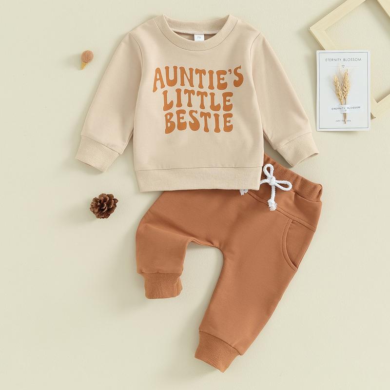 Toddler Baby Girl Boy Aunties Bestie Clothes Long Sleeve Letter Print T-Shirt with Elastic Waist Pants Set Outfit
