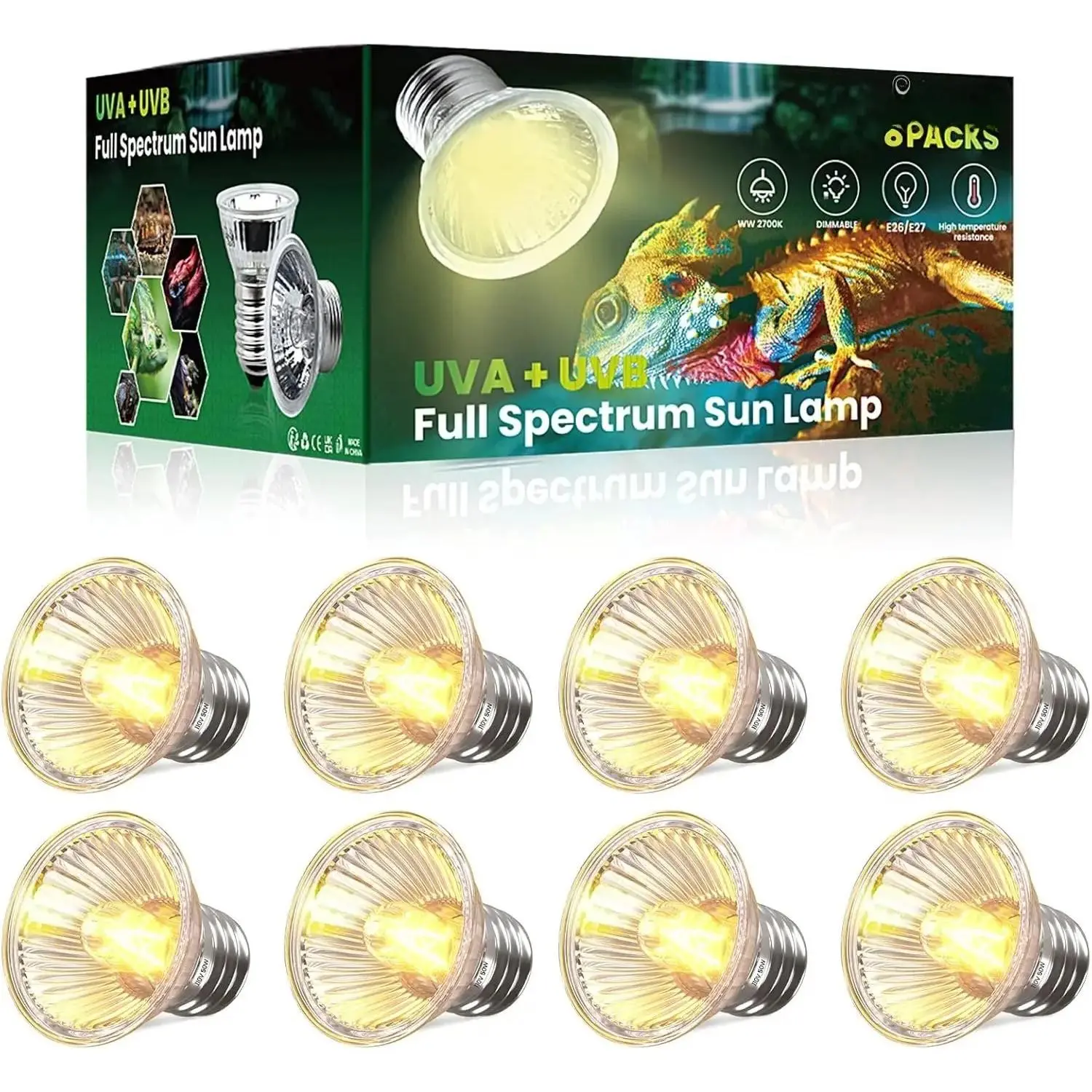 8Pack Heat Lamp Bulbs, 50W Reptile Heat Bulb, UVA UVB Reptile Light Bulb, E26 Dimmable Full  Sun Lamp Turtle Heat Lamp Bulb for Bearded Dragon, Chicks, Lizard, Snake, Puppies