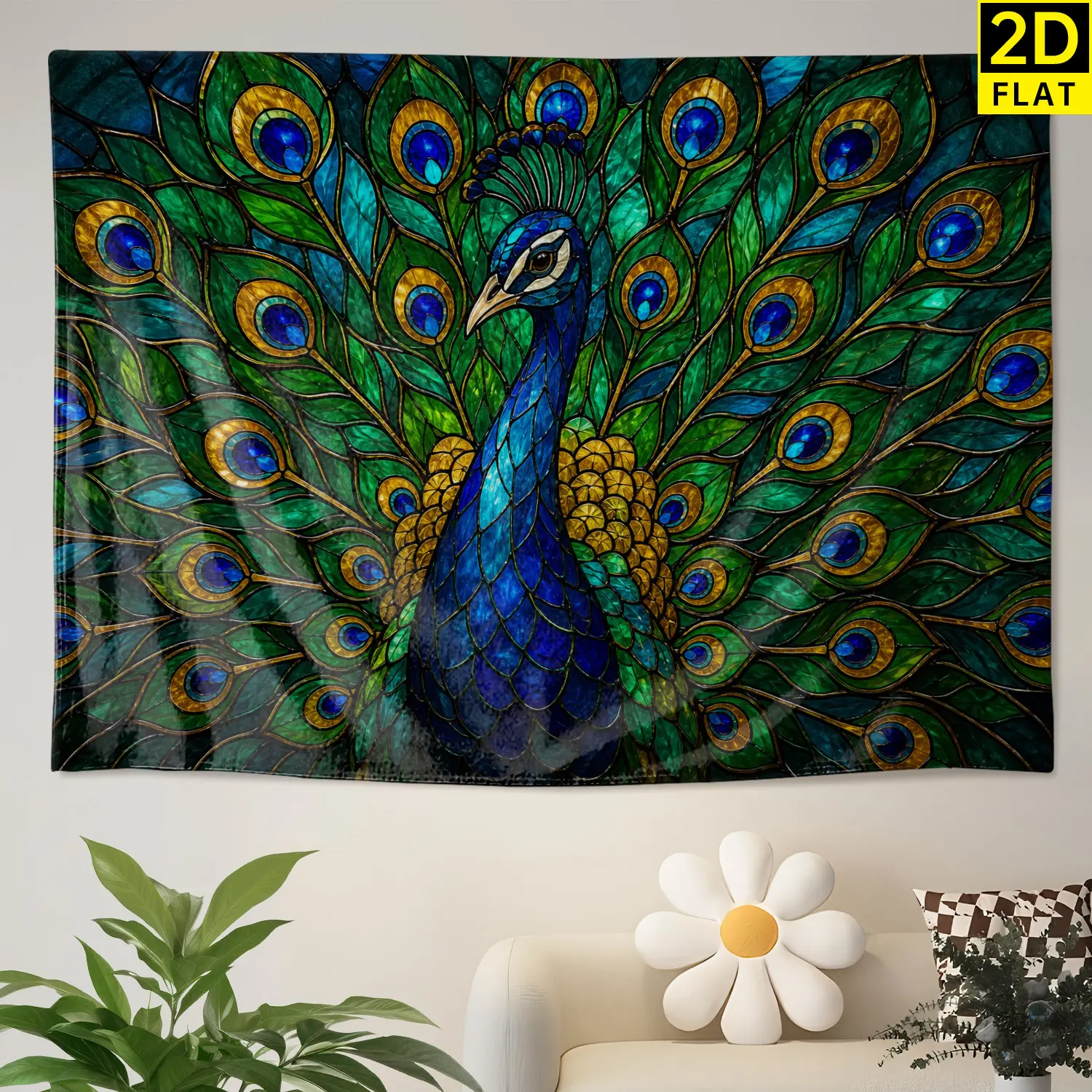 Stained Glass Vibrant Peacock Pattern Wall tapestry,Large size Printed Horizontal Tapestry blanket,Polyester Fabric Wall Hanging for living room,bedroom,No Installation Required,Indoor,Outdoor,Gift for Family and Friends