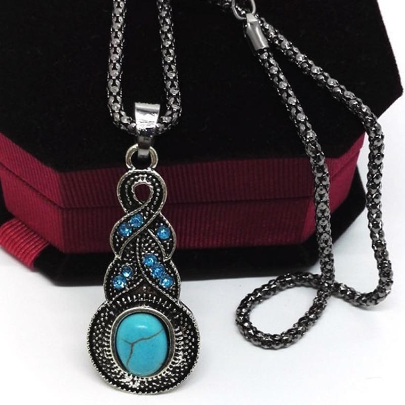 3pcs Necklace Earrings Set For Men And Women Vintage Style Blue Crystal Inlaid Turquoise Pendant With Lantern Chain Jewelry