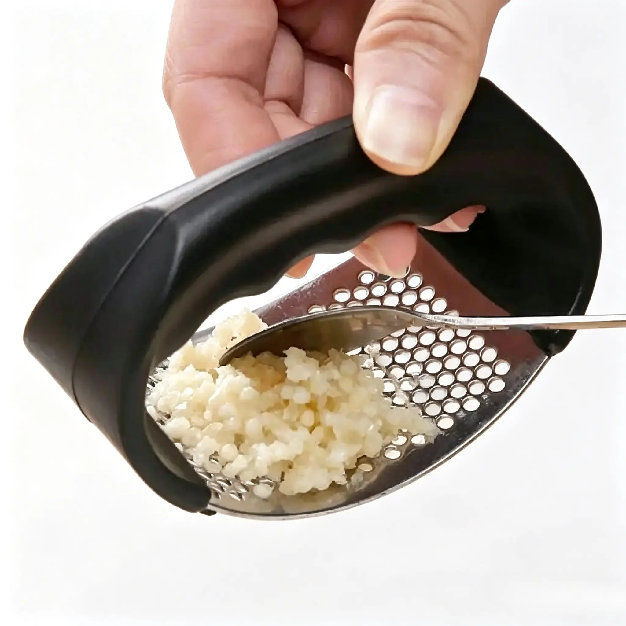 Easy-to-clean and durable kitchen gadget for chopping and crushing garlic - Stainless Steel Garlic Press, perfect for apartments and dormitories Household. Utensils Black