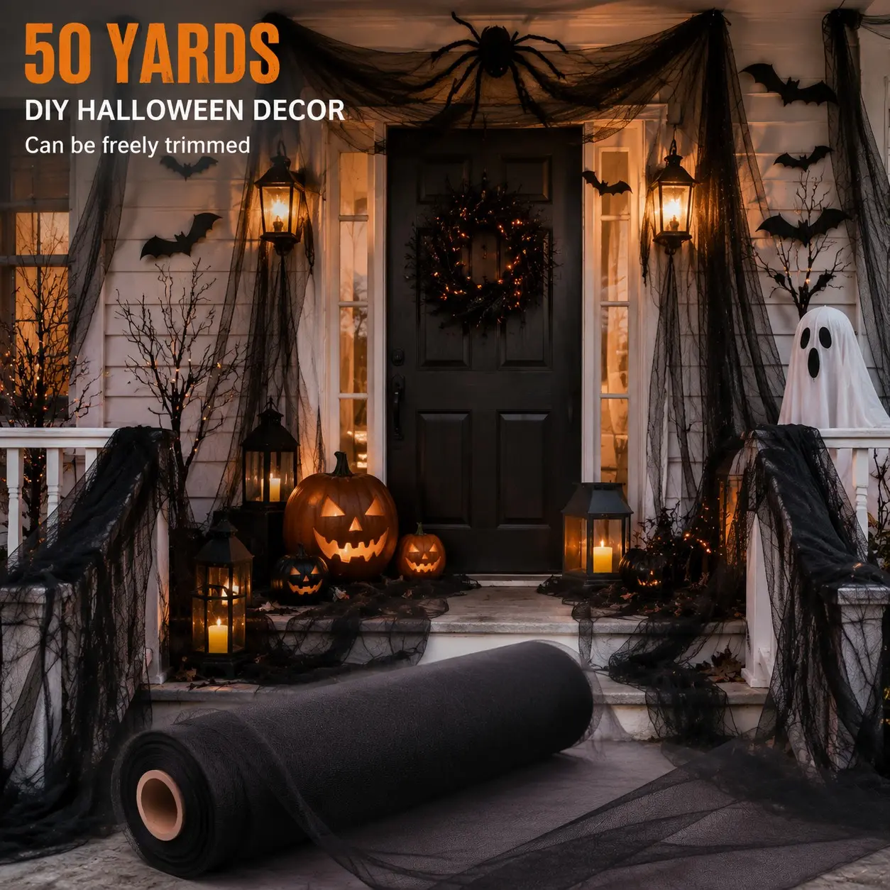 50 Yards Black Mesh Fabric Roll, DIY Spooky Halloween Decorations for Door Entrance Hanging, Dark Theme Party Decor
