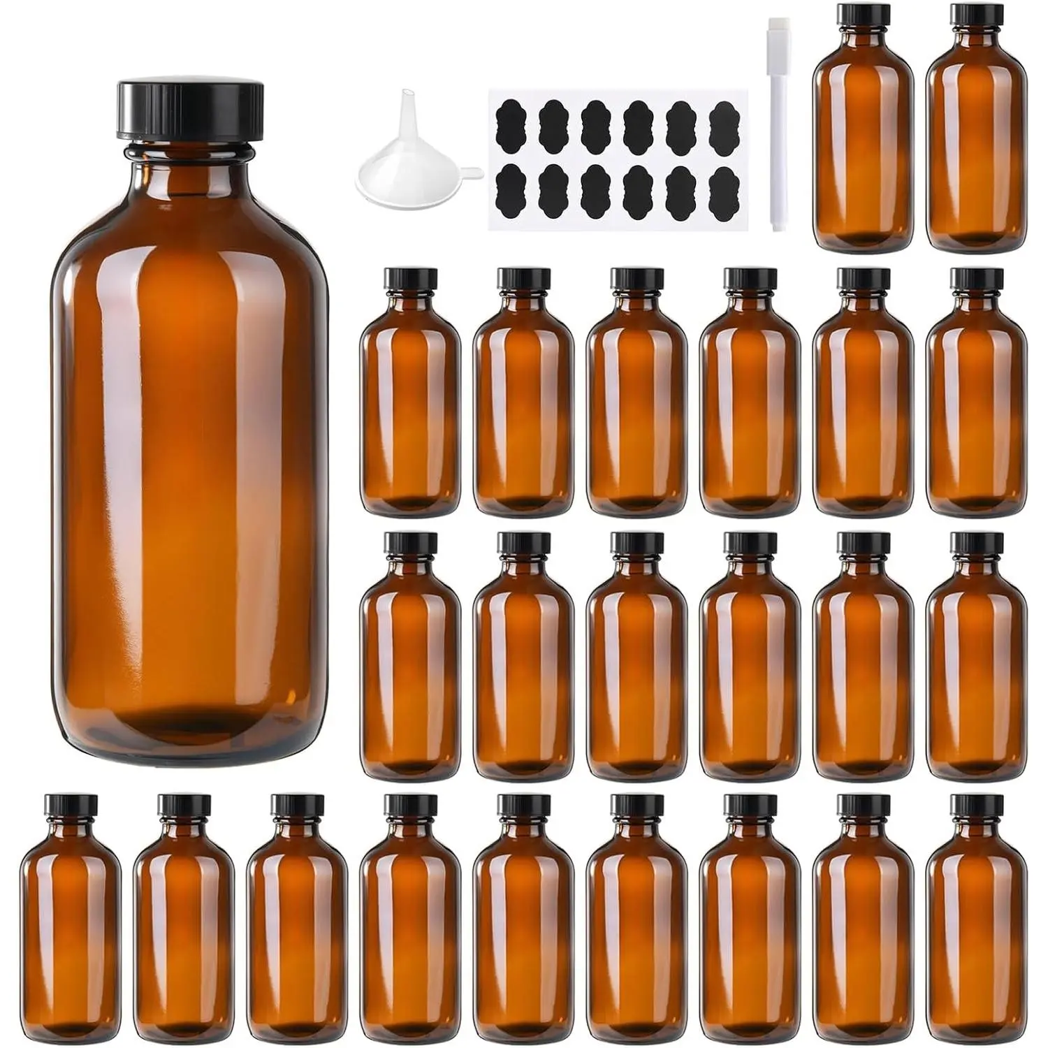 24 Pack 4 oz Amber Boston Glass Bottle with Black Poly Cap, Funnel, Chalk Labels, Pen for Homemade Vanilla Extract, Essential Oils, Wedding, Christmas, Holiday Gift