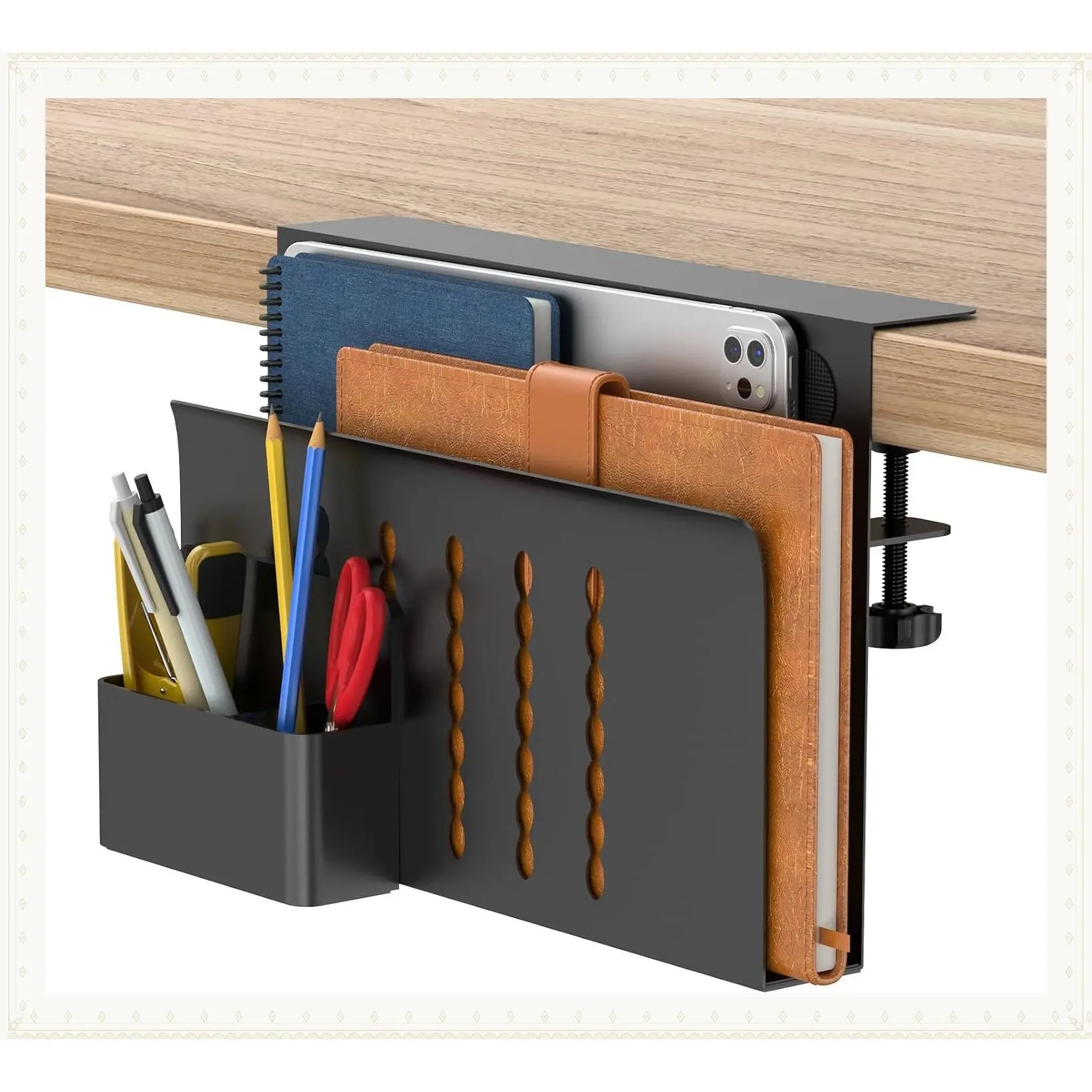 Single-Layer Steel Hanging Desk Organizer with Magnetic Pen Holder, No Drilling Under Desk Drawer Cable Management Tray, Laptop Holder for Office, School & Home, BlackGift