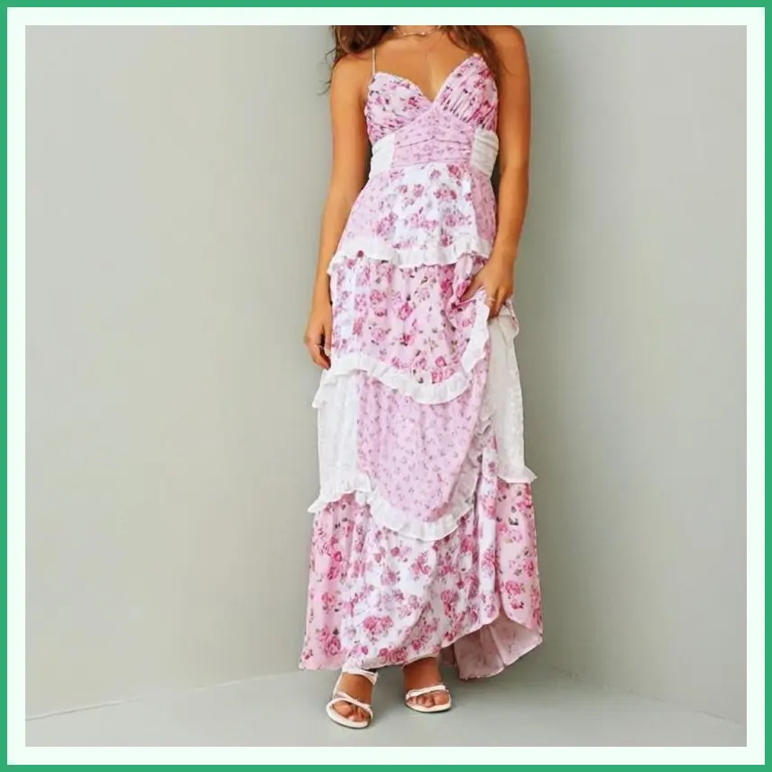 Floral Lace Patchwork Spaghetti Strap Dress - Pink or Blue for a Chic Summer Look