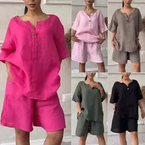 2026 Women's 2-piece cotton-linen shirt set with high-waisted loose shorts