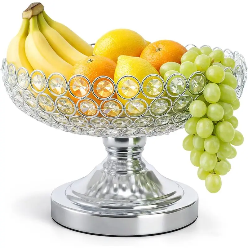 10-Inch Sturdy Lightweight Silver Crystal-Style Glass Bead Fruit Bowl Tray, Hollow Design Anti-Slip Pedestal Tableware Dish for Dining Table Indoor Recreation Decor