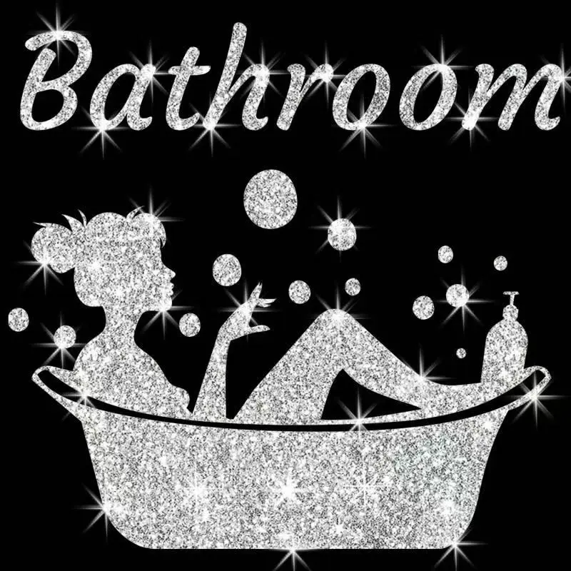 1pc Bathing Lady Silhouette With Bubble & Bathroom Letter Pattern, Wall Decor Sticker, Glitter Diamond Luxury Sparkling Style, Self-Adhesive Waterproof Removable No Residue Feature, Christmas Halloween Holiday Home Decoration