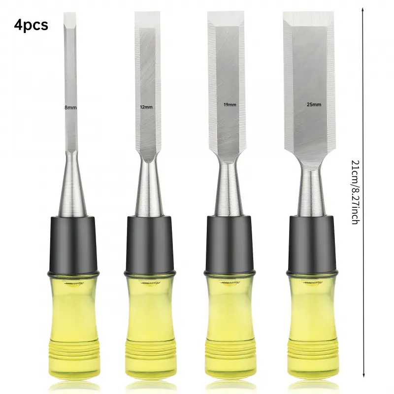 4-piece set of woodworking chisels, professional tools for carpenters; includes blades made of CR-V steel with dimensions of 8, 12, 19, and 25 millimeters, along with durable PVC impact-resistant handles. Suitable for fine carving, DIY projects, carpentry