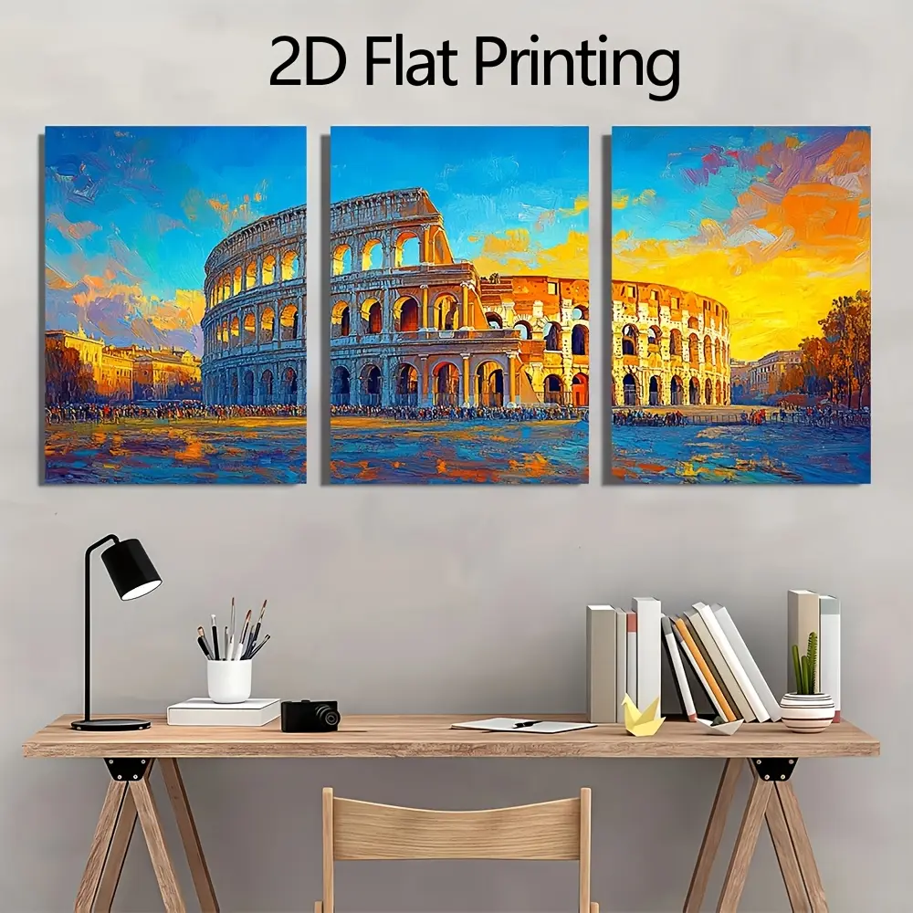 Van Gogh-Style Colosseum 3-Piece Triptych Art Print, Italian Architectural Landmark Wall Decor with Vintage Wooden Frame, Ready-to-Hang 2D Panel for Living Rooms-Offices, Plaid Accent for Military-Carnival-Juneteenth Wardrobe Themed Spaces